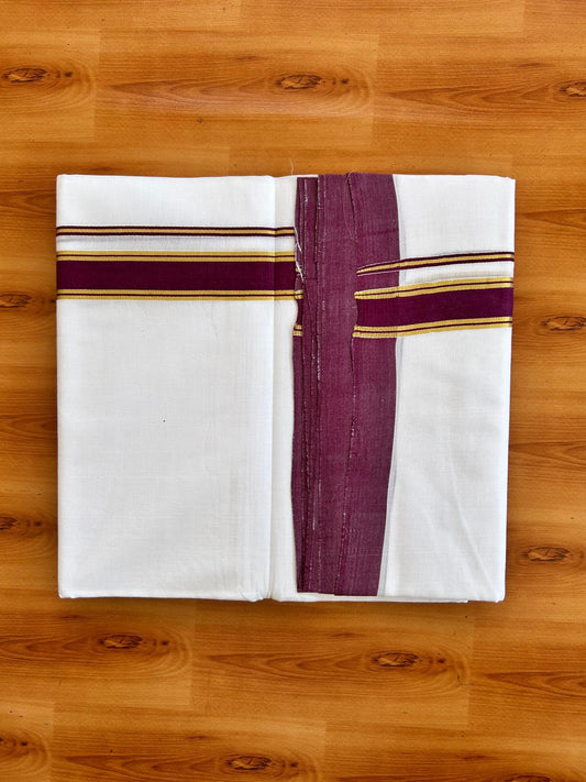 Double Pure White 25% Discount ! KaithariKada Handloom Millpaav- Kerala Handloom - 100% Pure Cotton - 100x90 - 1 Inch Gold Kasav & Purple Kara 3.90 mtr (8.36 Muzham) - 19 KK5496 YAR