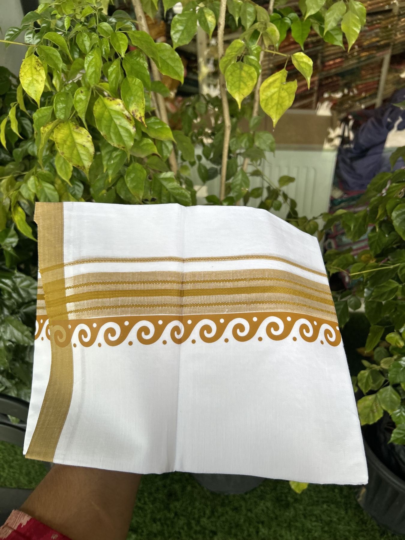 20% Discount ! KaithariKada Balaramapuram Cotton Double Pure white Mundu/Dhoti- 80s - 2.5 inch Mustard Yellow Printed Shade Stripes Design Kara - 3.65 mtr (8 muzham) - 46 KK5329 GAN