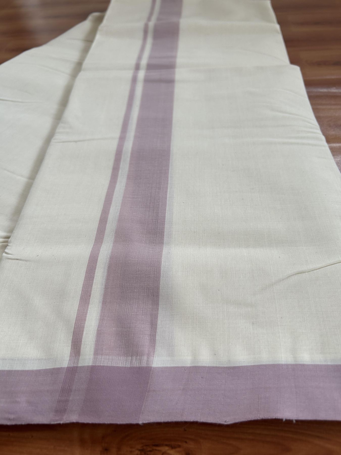 Double Off White (Unbleached) Mundu/Dhoti- 25% Discount! KaithariKada Handloom Millpaav - Kerala Handloom - Cotton - 80x90 - 1.25 inch Light Onion Pink Mulloth Kara 4 meter (8.5 Muzham) - 2 KK5396 RAM