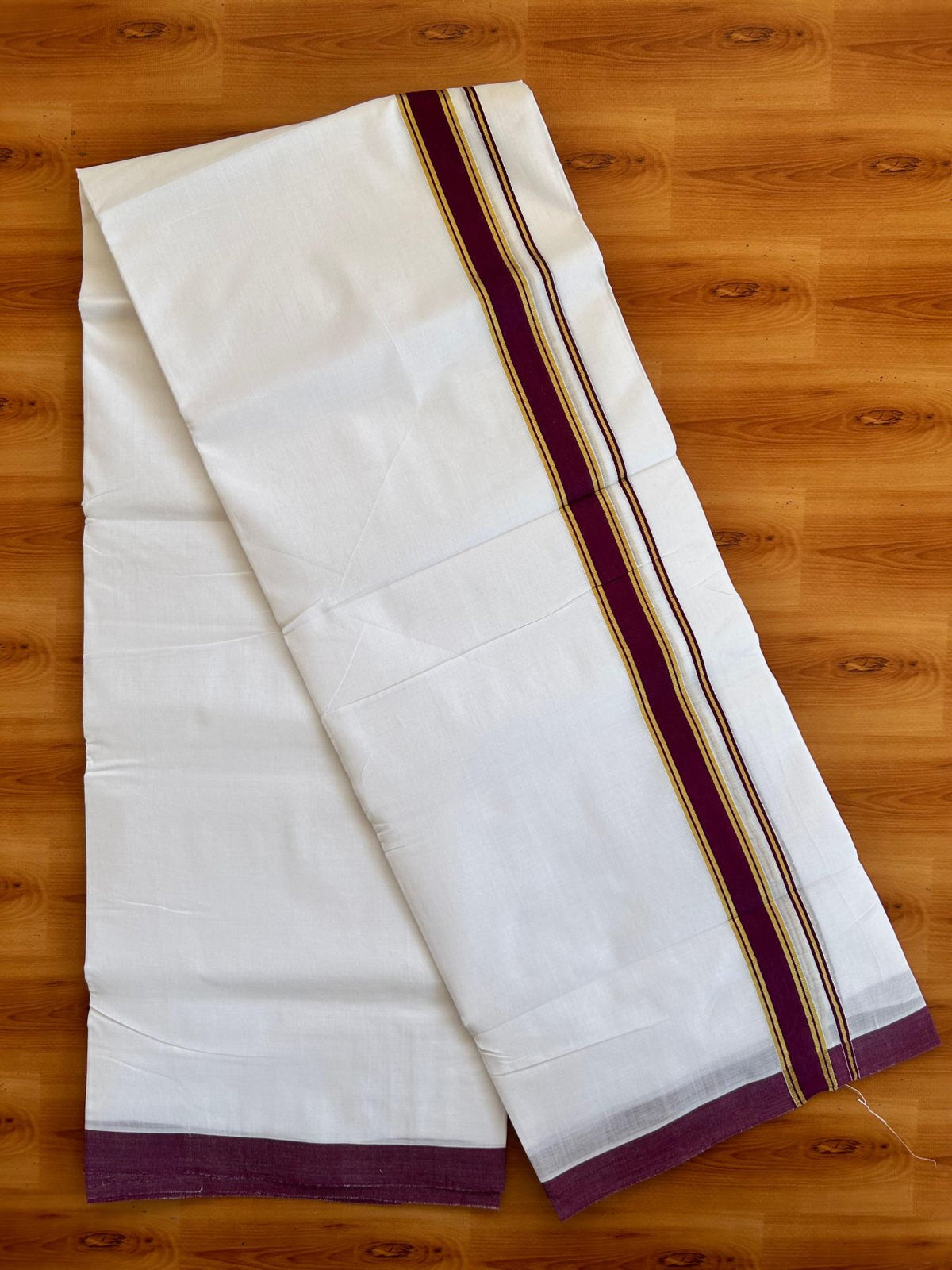 Double Pure White 25% Discount ! KaithariKada Handloom Millpaav- Kerala Handloom - 100% Pure Cotton - 100x90 - 1 Inch Gold Kasav & Purple Kara 3.90 mtr (8.36 Muzham) - 19 KK5496 YAR
