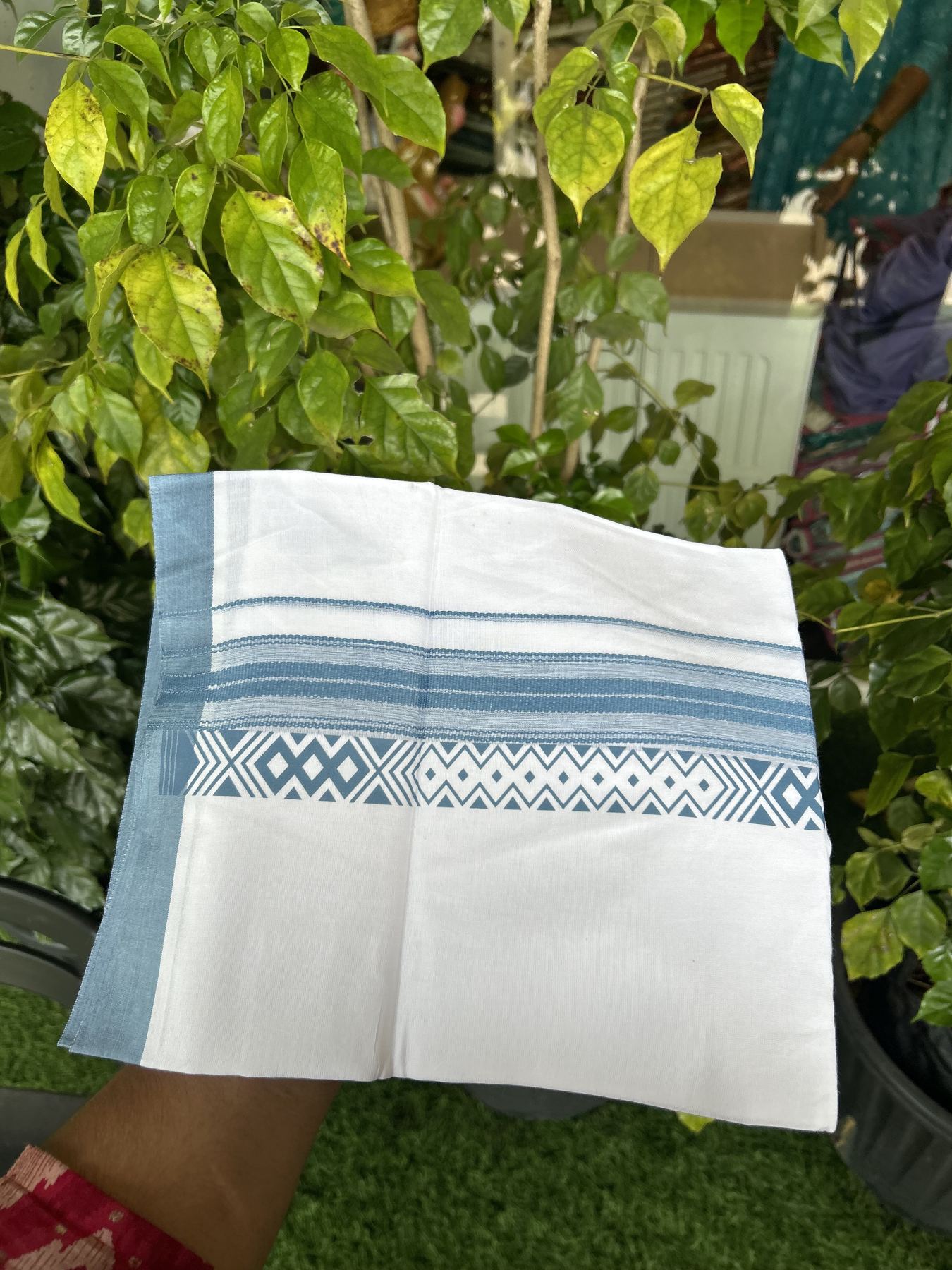 20% Discount ! KaithariKada Balaramapuram Cotton Double Pure white Mundu/Dhoti- 80s - 2.5 inch Ash Blue Printed Shade Stripes Design Kara - 3.65 mtr (8 muzham) - 57 KK5329 GAN