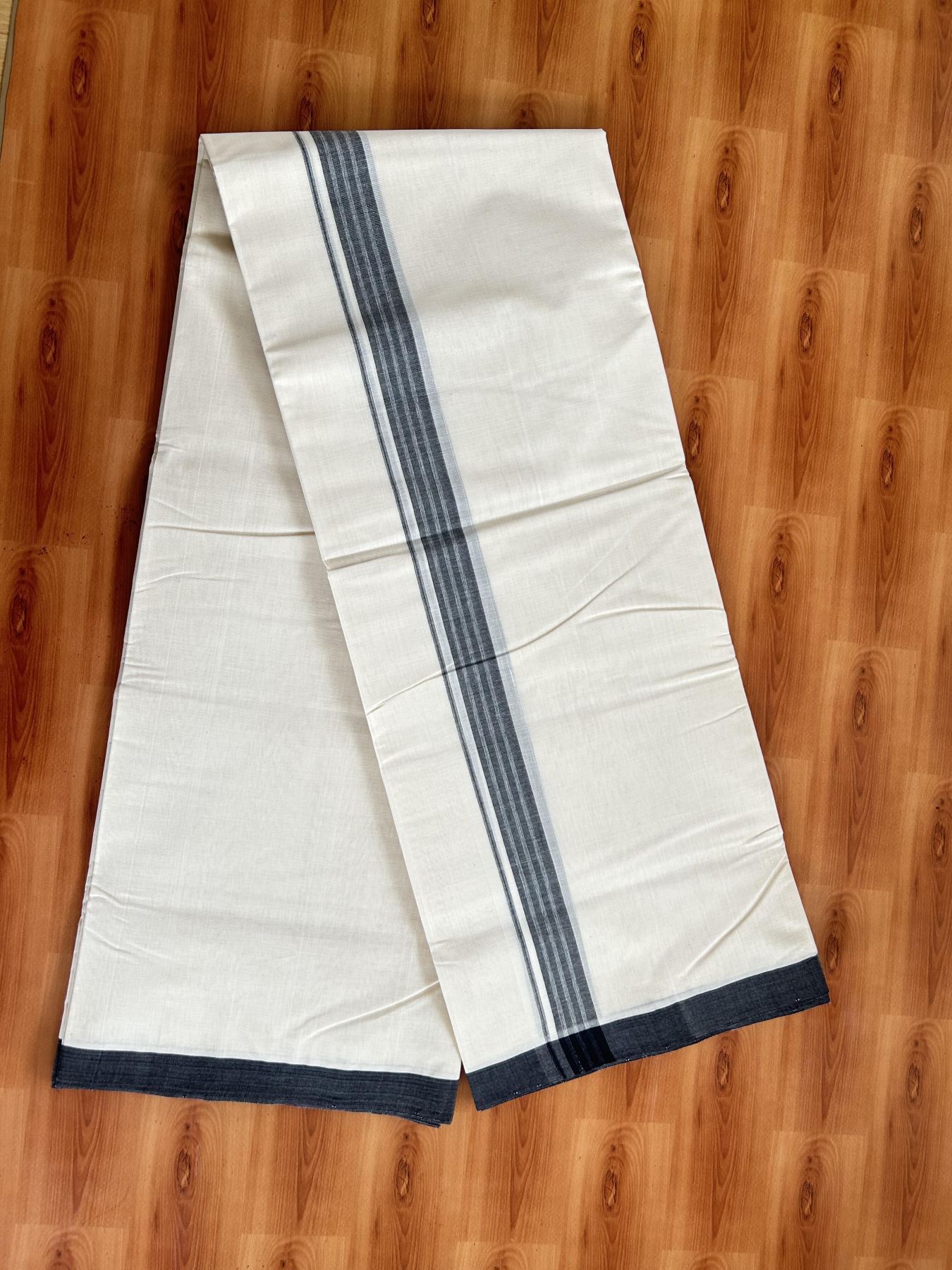 Double Off White (Unbleached) Mundu/Dhoti- 25% Discount! KaithariKada Handloom Millpaav - Kerala Handloom - Cotton - 80x90 - 1.25 inch Black Shaded Striped Kara 4 meter (8.5 Muzham) - 18 KK5396 RAM