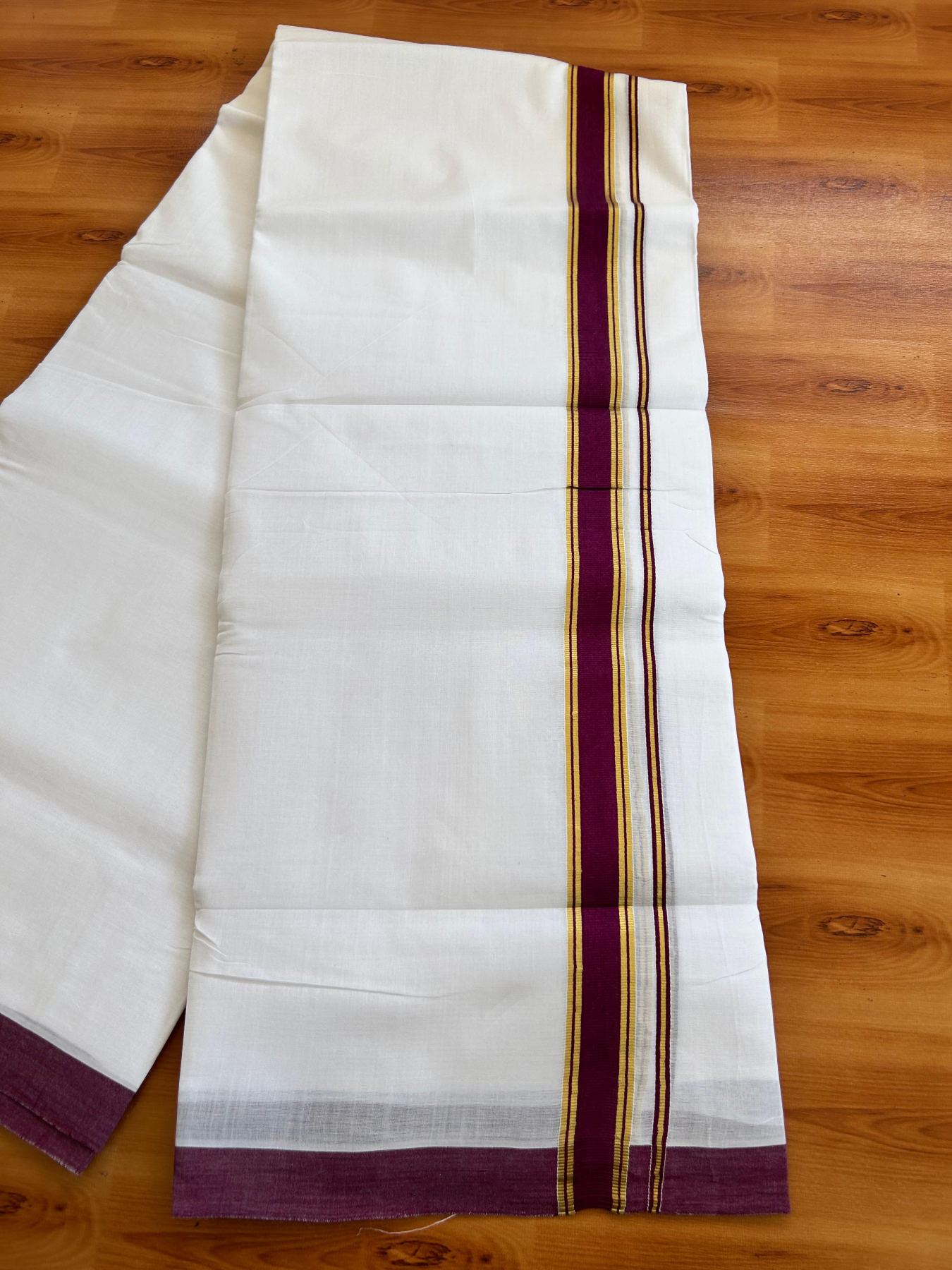 Double Pure White 25% Discount ! KaithariKada Handloom Millpaav- Kerala Handloom - 100% Pure Cotton - 100x90 - 1 Inch Gold Kasav & Purple Kara 3.90 mtr (8.36 Muzham) - 19 KK5496 YAR