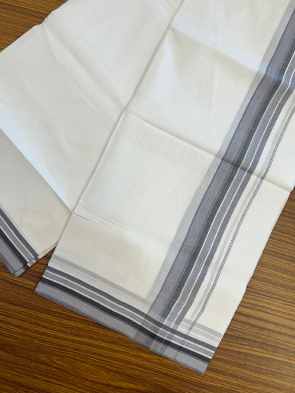 20% Discount ! Kaitharikada Balaramapuram 100% Cotton PURE WHITE Double Mundu/Dothi - 100x80 - 1.5 inch Lavender Purple & Black Shaded Striped Design Kara 3.90 mtr (8 muzham) - 36 KK5294 THI