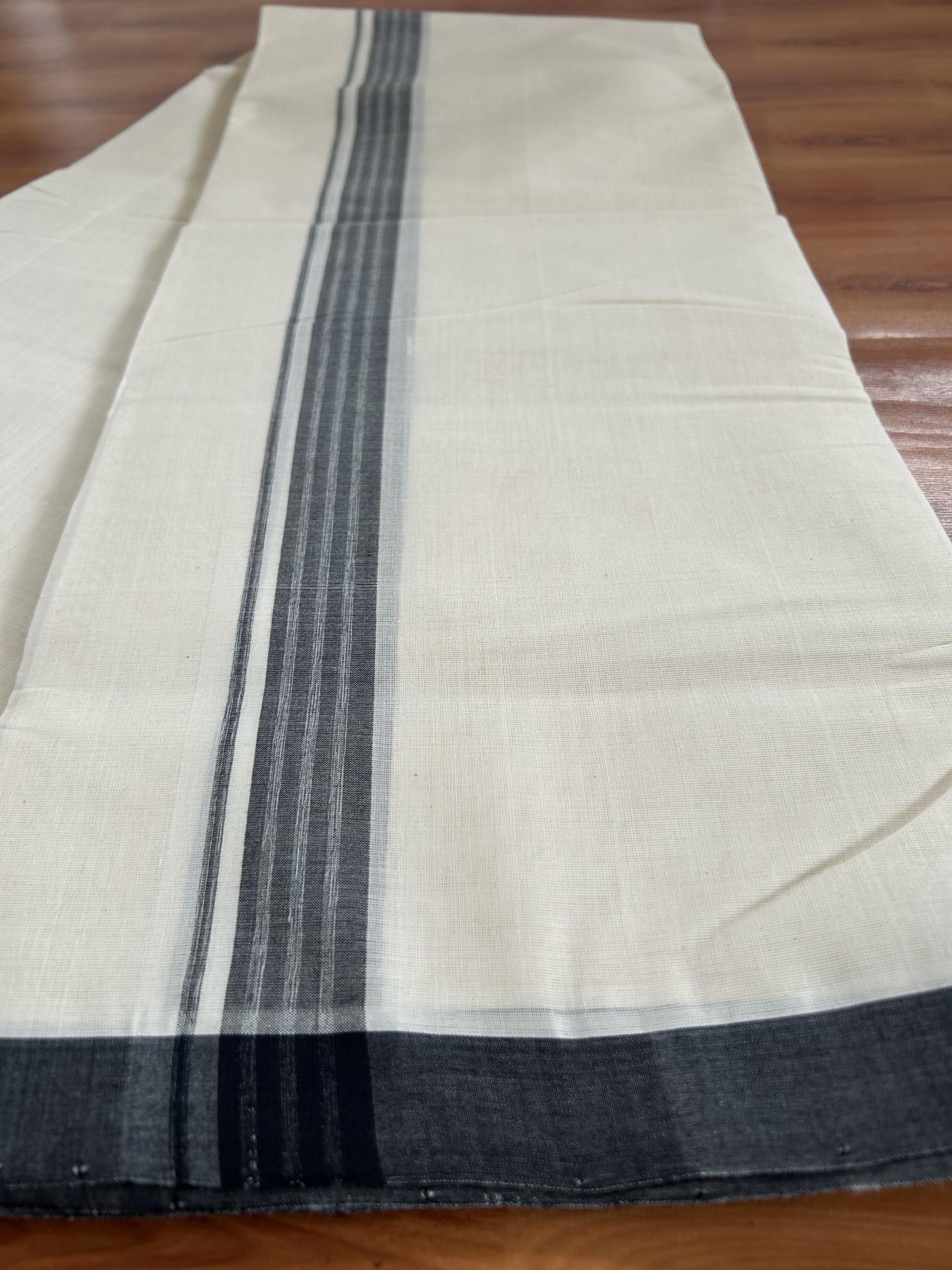 Double Off White (Unbleached) Mundu/Dhoti- 25% Discount! KaithariKada Handloom Millpaav - Kerala Handloom - Cotton - 80x90 - 1.25 inch Black Shaded Striped Kara 4 meter (8.5 Muzham) - 18 KK5396 RAM