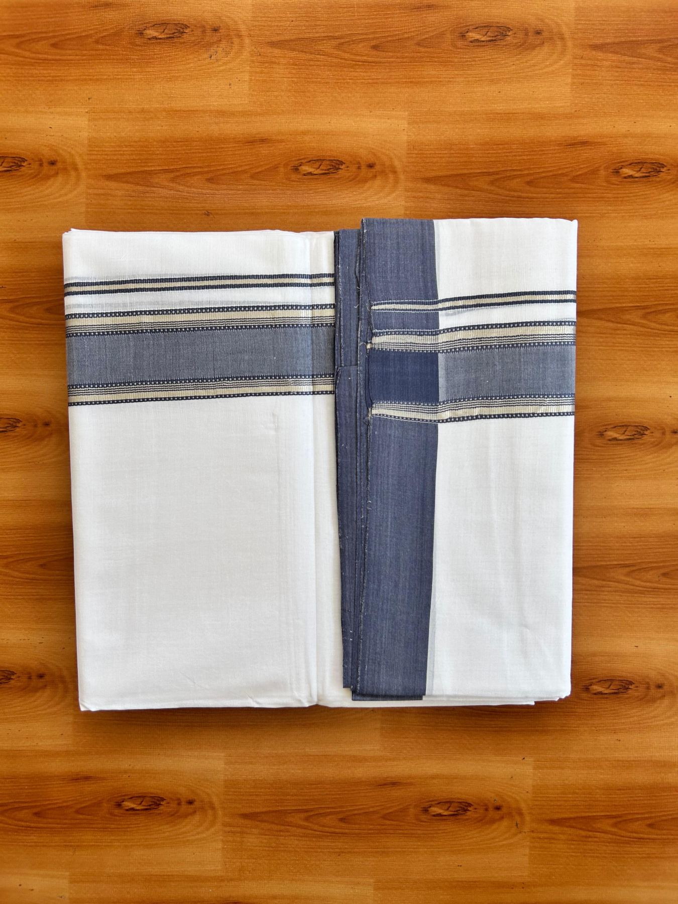 Double Pure White 25% Discount ! KaithariKada Handloom Unakkupaavu - Kerala Handloom - 100% Pure Cotton - 100x90 - 2 Inch Silver Kasav & Ash Blue Striped Design Kara 3.90 mtr (8.36 Muzham) - 13 KK5496 YAR