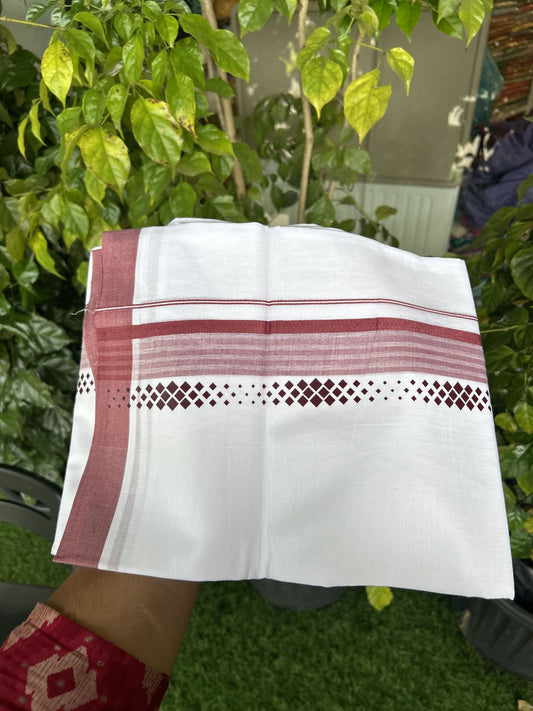 20% Discount ! KaithariKada Balaramapuram Cotton Double Pure white Mundu/Dhoti- 80s - 2.5 inch Light Maroon Printed Shade Stripes Design Kara - 3.65 mtr (8 muzham) - 20 KK5329 GAN