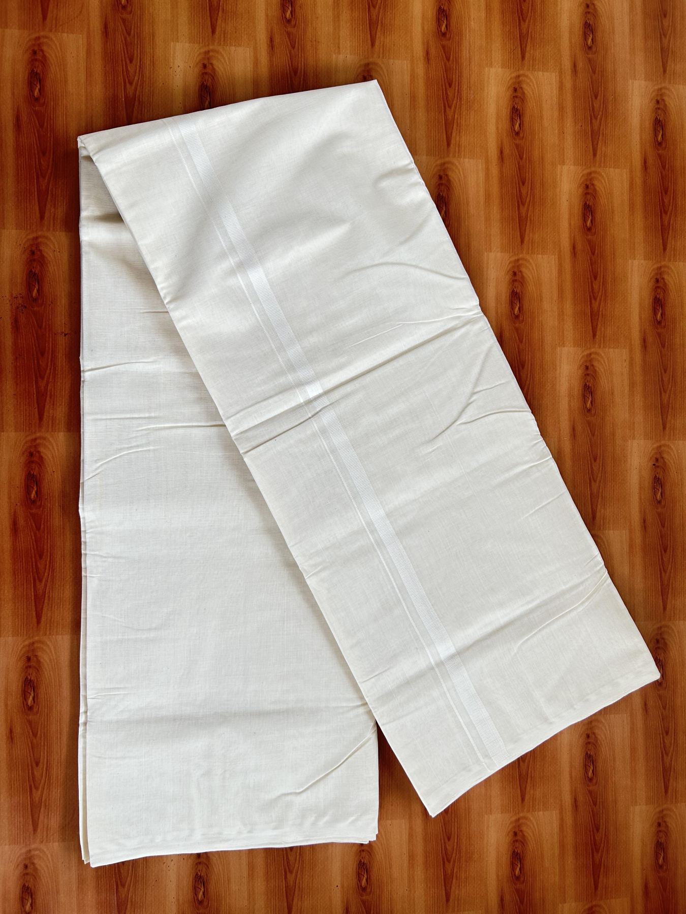 Double Off White (Unbleached) Mundu/Dhoti- 25% Discount! KaithariKada Handloom Millpaav - Kerala Handloom - Cotton - 80x90 - 0.5 inch White Kara 4 meter (8.5 Muzham) - 30 KK5396 RAM