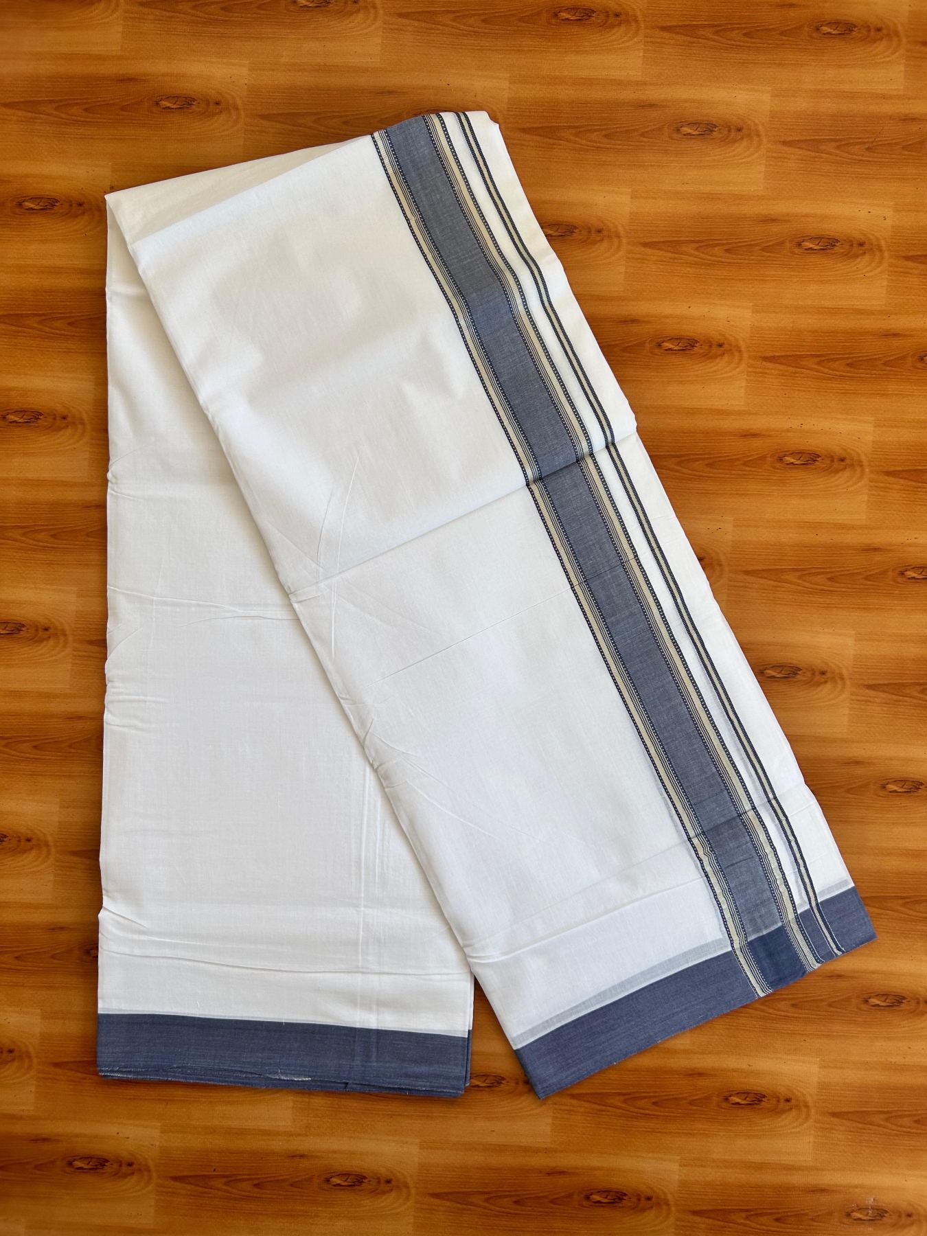 Double Pure White 25% Discount ! KaithariKada Handloom Unakkupaavu - Kerala Handloom - 100% Pure Cotton - 100x90 - 2 Inch Silver Kasav & Ash Blue Striped Design Kara 3.90 mtr (8.36 Muzham) - 13 KK5496 YAR