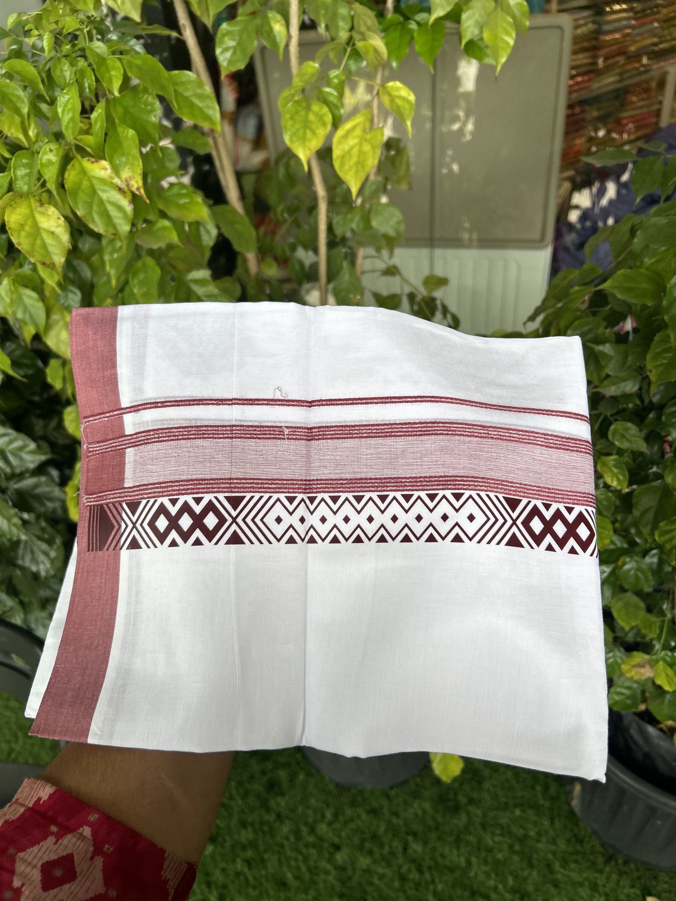 20% Discount ! KaithariKada Balaramapuram Cotton Double Pure white Mundu/Dhoti- 80s - 2.5 inch Dark Pestel Peach Printed Shade Stripes Design Kara - 3.65 mtr (8 muzham) - 55 KK5329 GAN