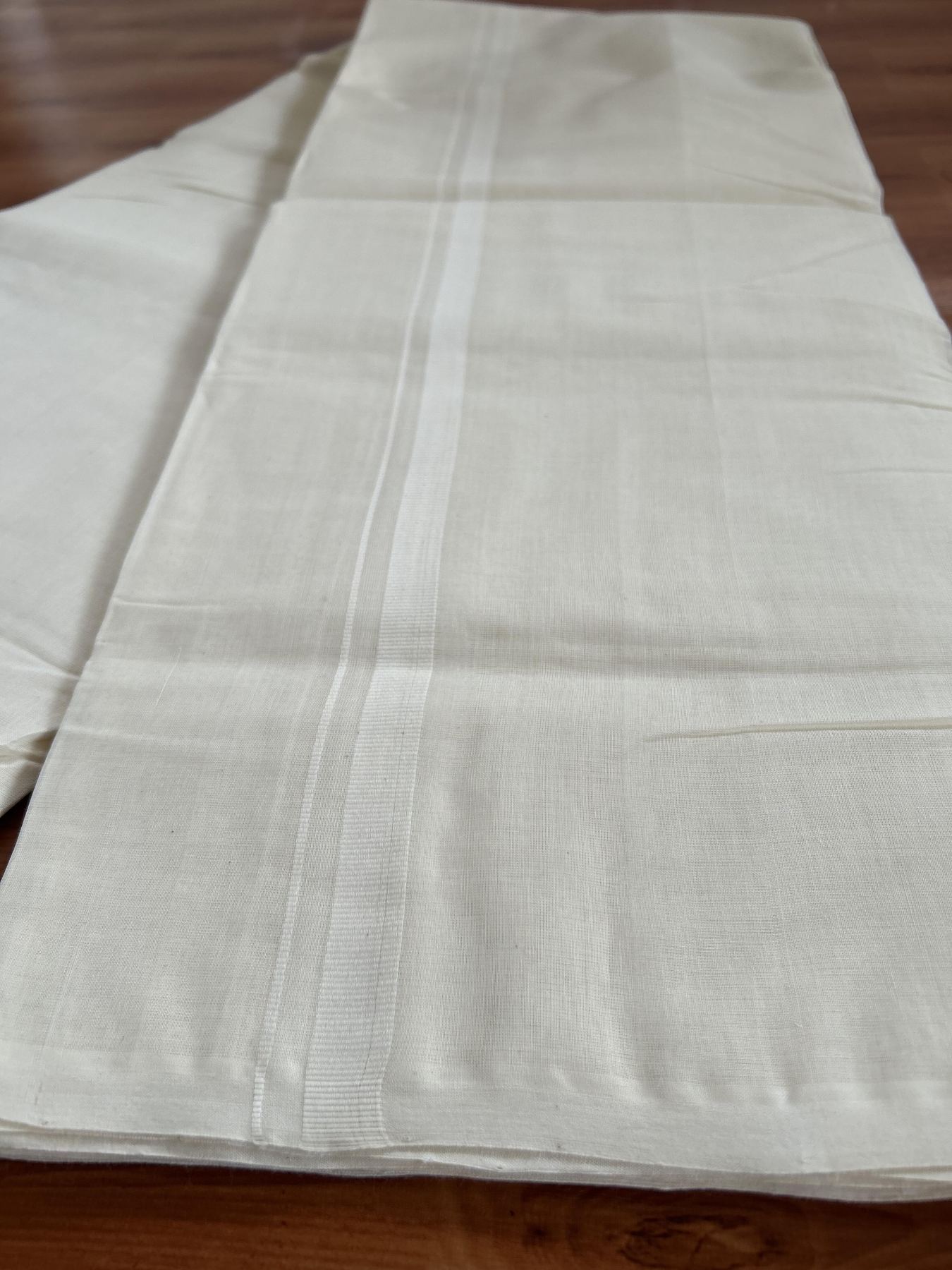 Double Off White (Unbleached) Mundu/Dhoti- 25% Discount! KaithariKada Handloom Millpaav - Kerala Handloom - Cotton - 80x90 - 0.5 inch White Kara 4 meter (8.5 Muzham) - 30 KK5396 RAM