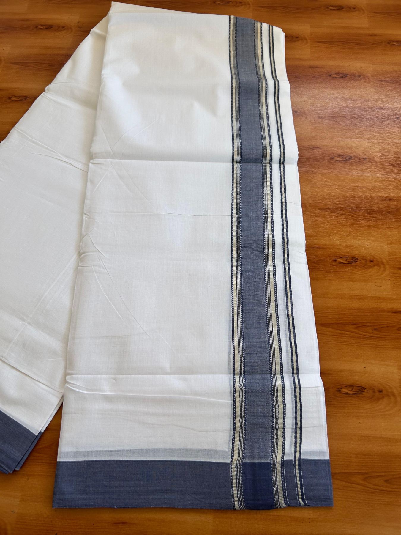 Double Pure White 25% Discount ! KaithariKada Handloom Unakkupaavu - Kerala Handloom - 100% Pure Cotton - 100x90 - 2 Inch Silver Kasav & Ash Blue Striped Design Kara 3.90 mtr (8.36 Muzham) - 13 KK5496 YAR
