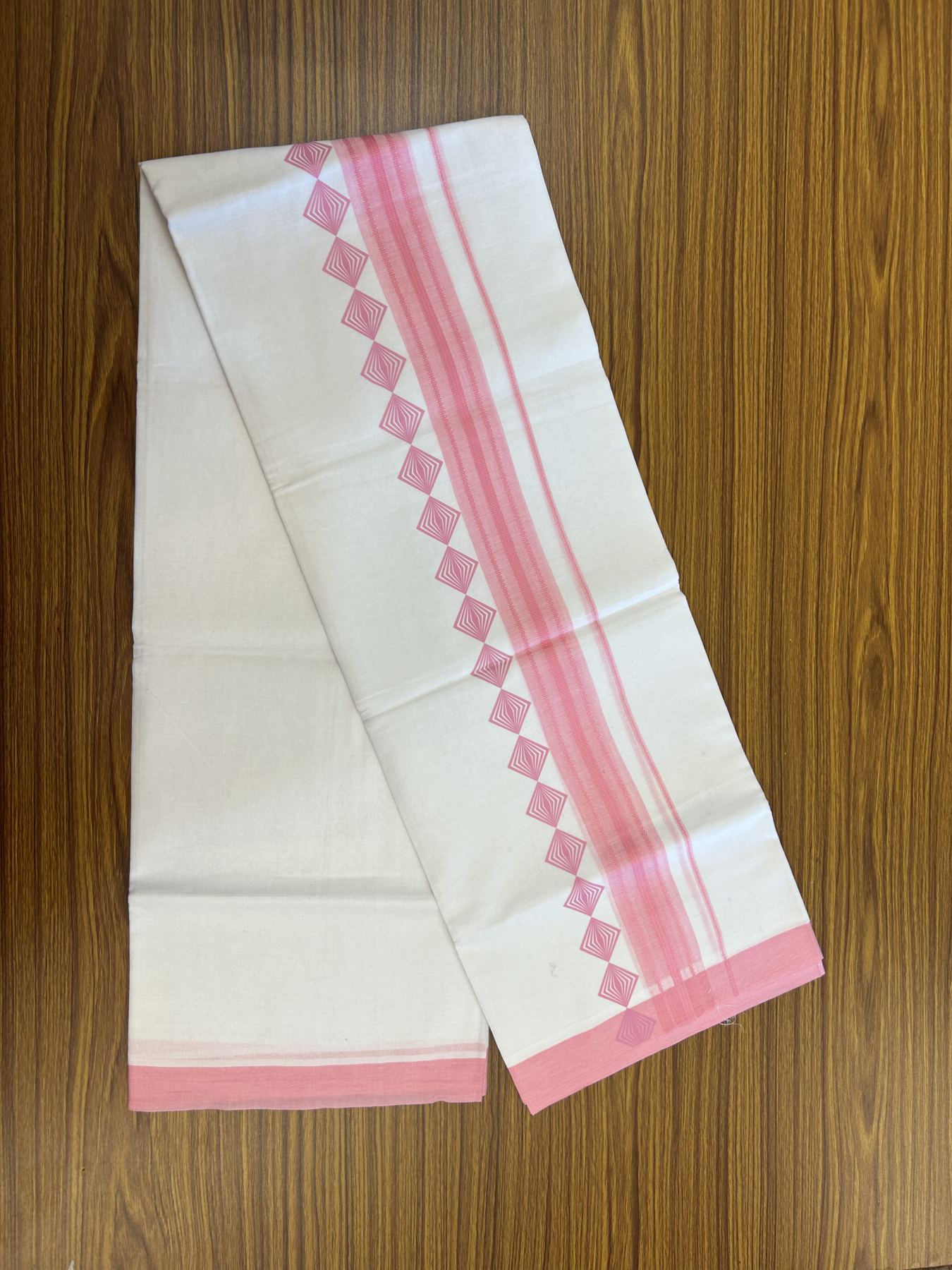 20% Discount ! KaithariKada Balaramapuram Cotton Double Pure white Mundu/Dhoti- 80s - 2.5 inch Baby Pink Printed Shade Stripes Design Kara - 3.65 mtr (8 muzham) - 12 KK5329 GAN