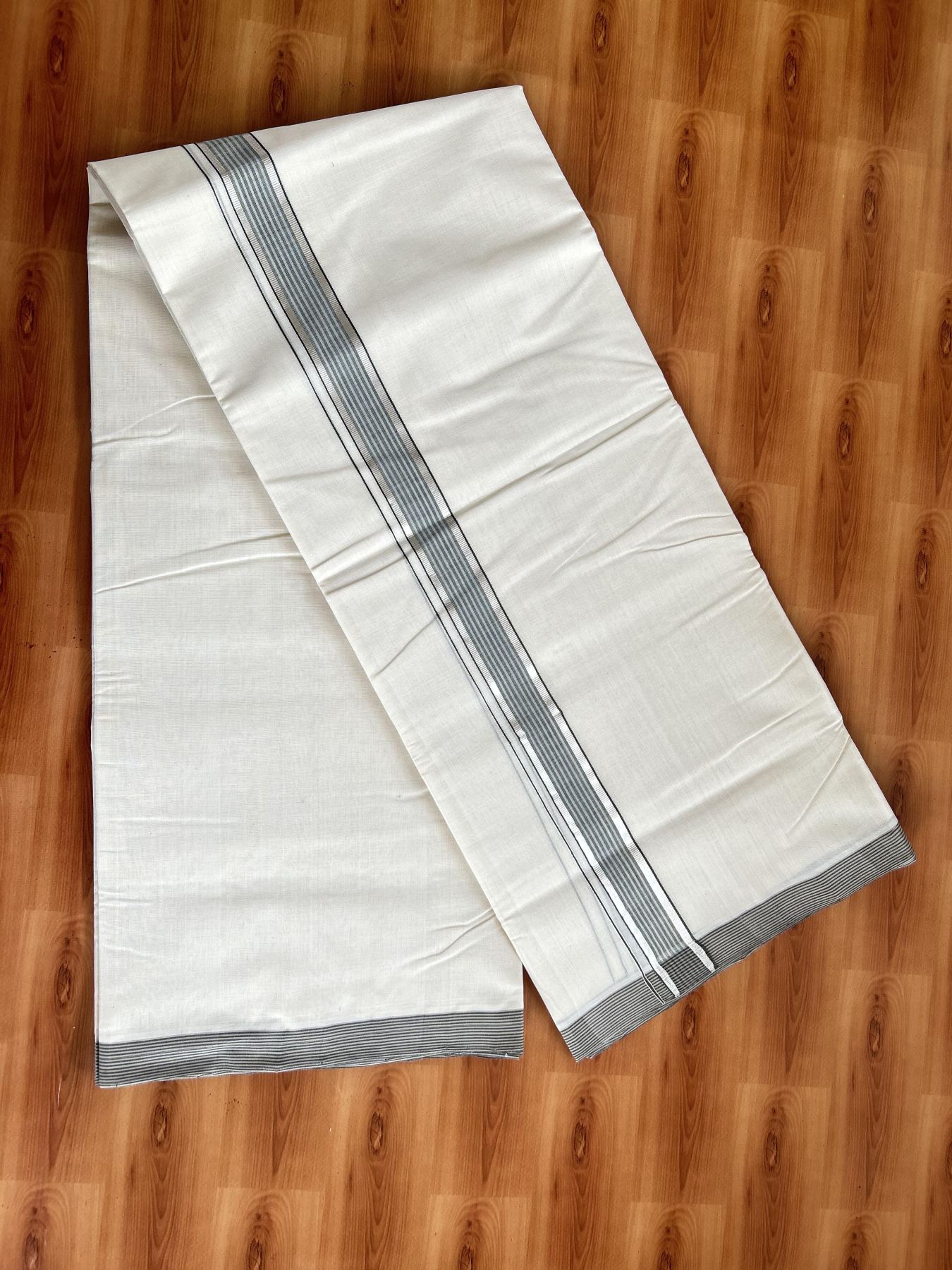 Double Off White (Unbleached) Mundu/Dhoti- 25% Discount! KaithariKada Handloom Millpaav - Kerala Handloom - Cotton - 80x90 - 1.25 inch Silver Kasav & Grey & Sage Green Shaded Striped Kara 4.50 meter (10 Muzham) -22 KK5396 RAM