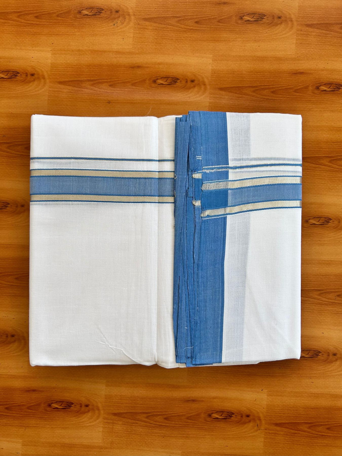 Double Pure White 25% Discount ! KaithariKada Handloom Millpaav - Kerala Handloom - 100% Pure Cotton - 80x90 - 1.25 Inch Silver Kasav & Blue Kara 3.90 mtr (8.36 Muzham) - 15 KK5496 YAR