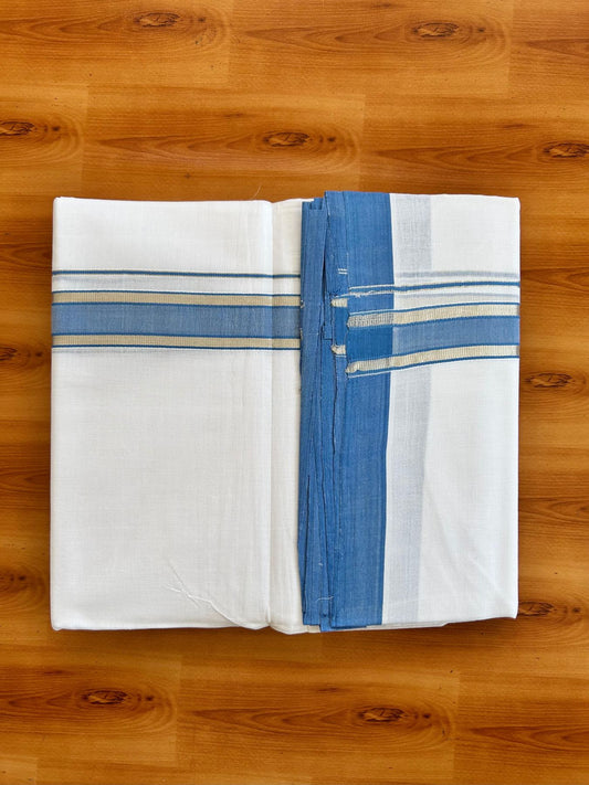 Double Pure White 25% Discount ! KaithariKada Handloom Millpaav - Kerala Handloom - 100% Pure Cotton - 80x90 - 1.25 Inch Silver Kasav & Blue Kara 3.90 mtr (8.36 Muzham) - 15 KK5496 YAR