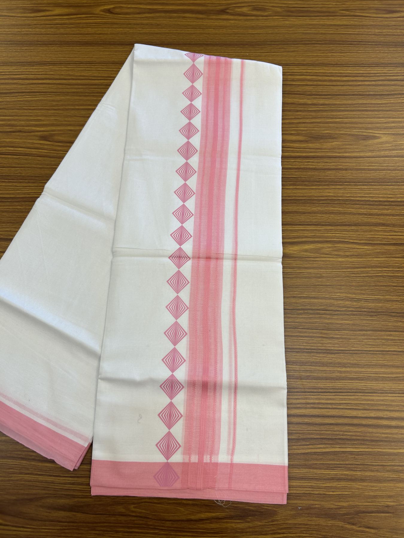 20% Discount ! KaithariKada Balaramapuram Cotton Double Pure white Mundu/Dhoti- 80s - 2.5 inch Baby Pink Printed Shade Stripes Design Kara - 3.65 mtr (8 muzham) - 12 KK5329 GAN
