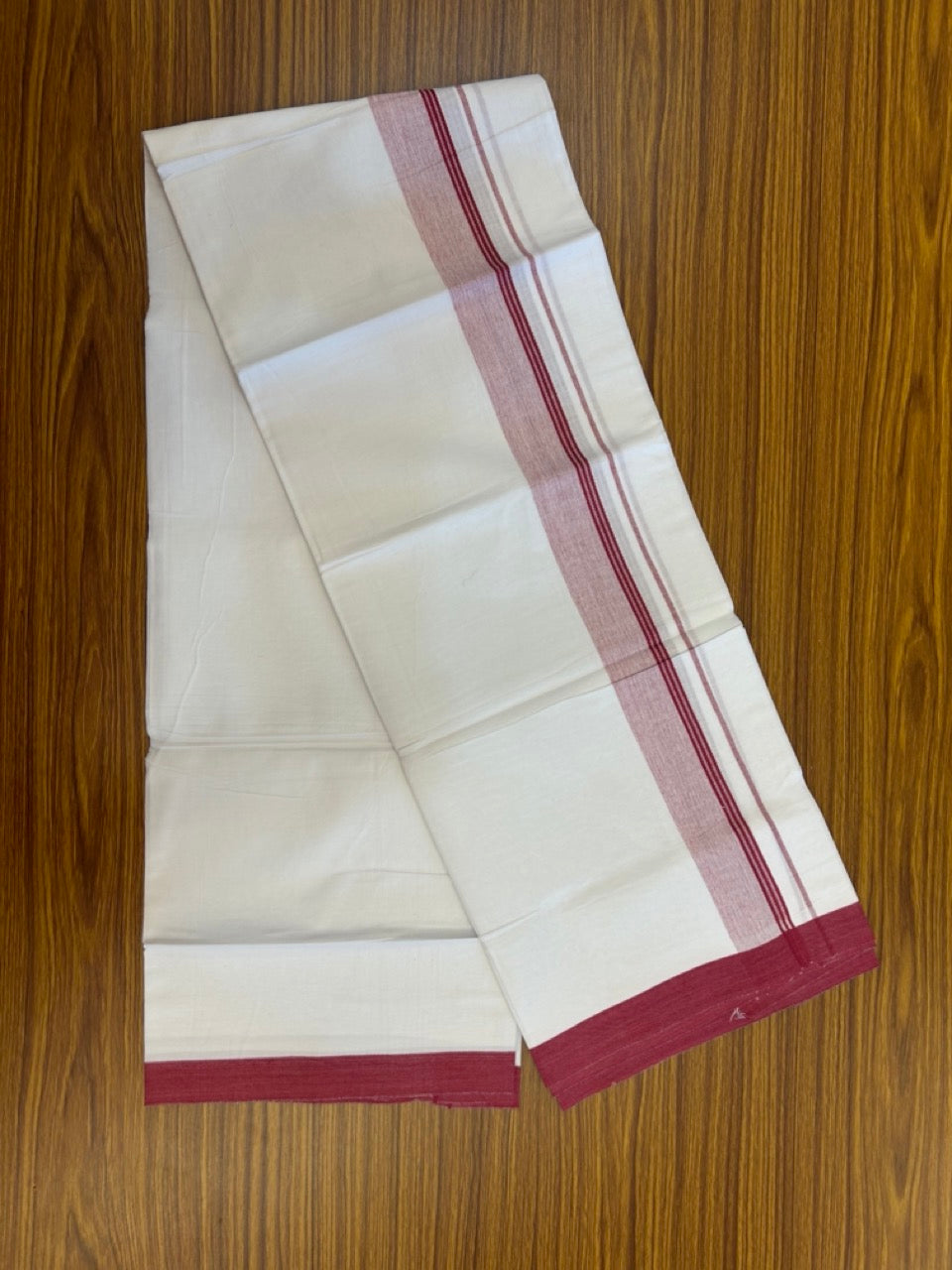 KaithariKada Balaramapuram 100% Cotton Single Pure White Mundu/Dhoti - 100X80 - 1.5 inch Maroon Shaded Side Stripes kara 2 mtr (4 muzham) - 12 KK5294 THI