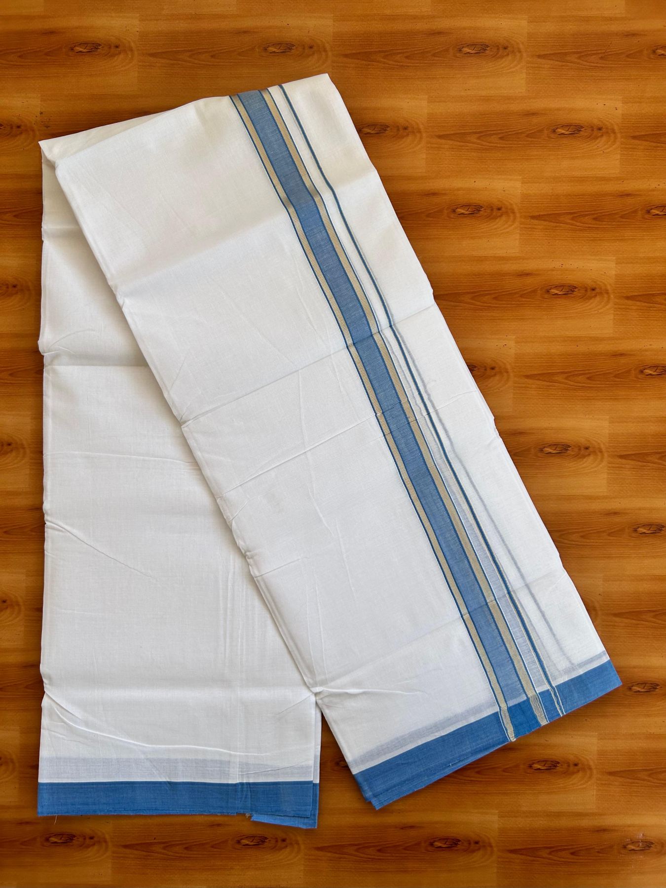 Double Pure White 25% Discount ! KaithariKada Handloom Millpaav - Kerala Handloom - 100% Pure Cotton - 80x90 - 1.25 Inch Silver Kasav & Blue Kara 3.90 mtr (8.36 Muzham) - 15 KK5496 YAR