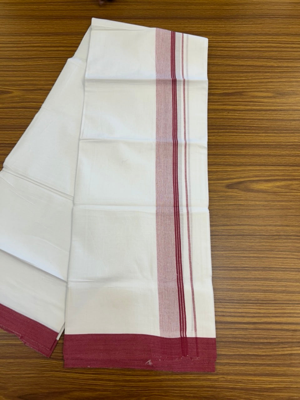 KaithariKada Balaramapuram 100% Cotton Single Pure White Mundu/Dhoti - 100X80 - 1.5 inch Maroon Shaded Side Stripes kara 2 mtr (4 muzham) - 12 KK5294 THI