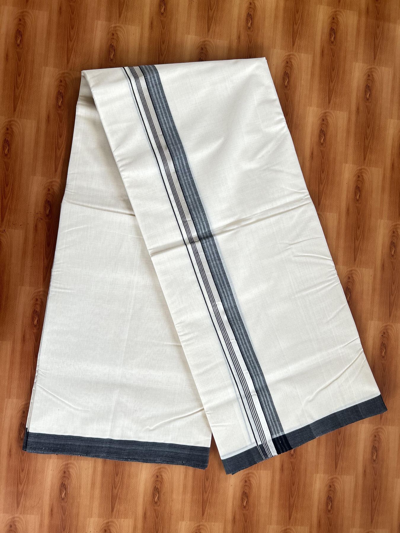 Double Off White (Unbleached) Mundu/Dhoti- 25% Discount! KaithariKada Handloom Millpaav - Kerala Handloom - Cotton - 80x90 - 1.25 inch Silver Kasav & Black Shaded Striped Kara 4.50 meter (10 Muzham) - 29 KK5396 RAM