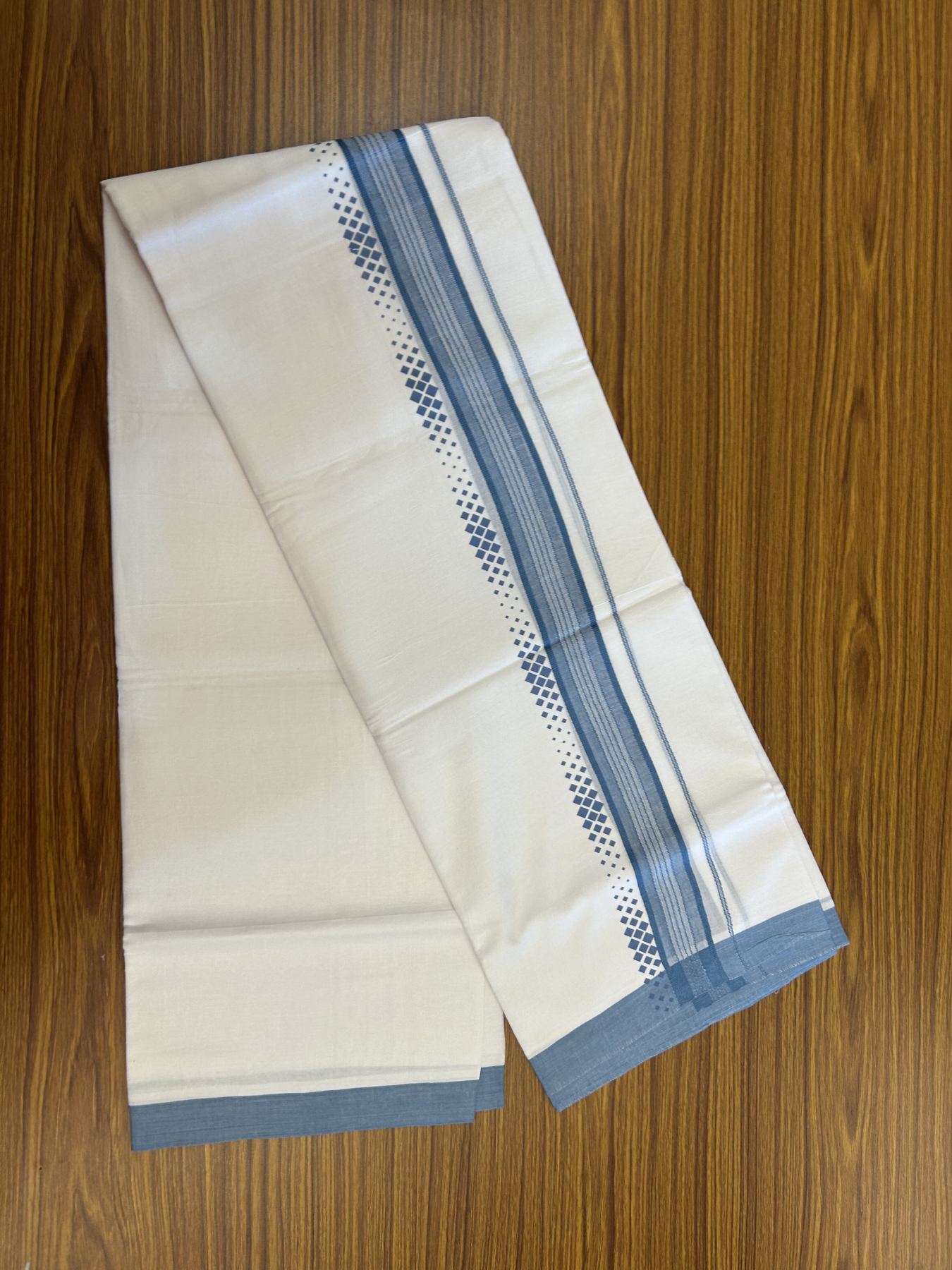 20% Discount ! KaithariKada Balaramapuram Cotton Double Pure white Mundu/Dhoti- 80s - 2.5 inch Ash Blue Printed Shade Stripes Design Kara - 3.65 mtr (8 muzham) - 14 KK5329 GAN