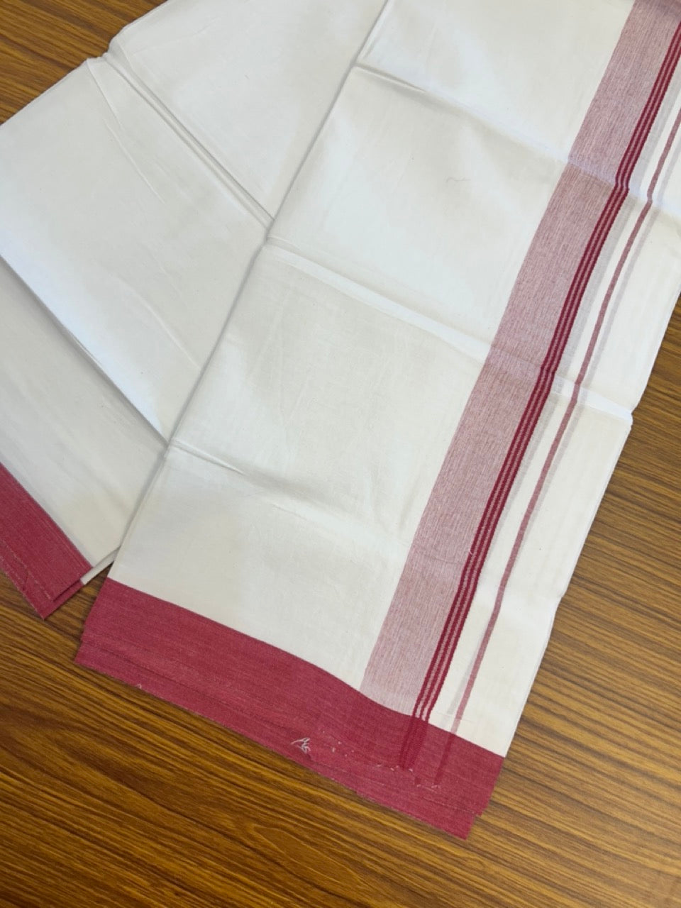 KaithariKada Balaramapuram 100% Cotton Single Pure White Mundu/Dhoti - 100X80 - 1.5 inch Maroon Shaded Side Stripes kara 2 mtr (4 muzham) - 12 KK5294 THI