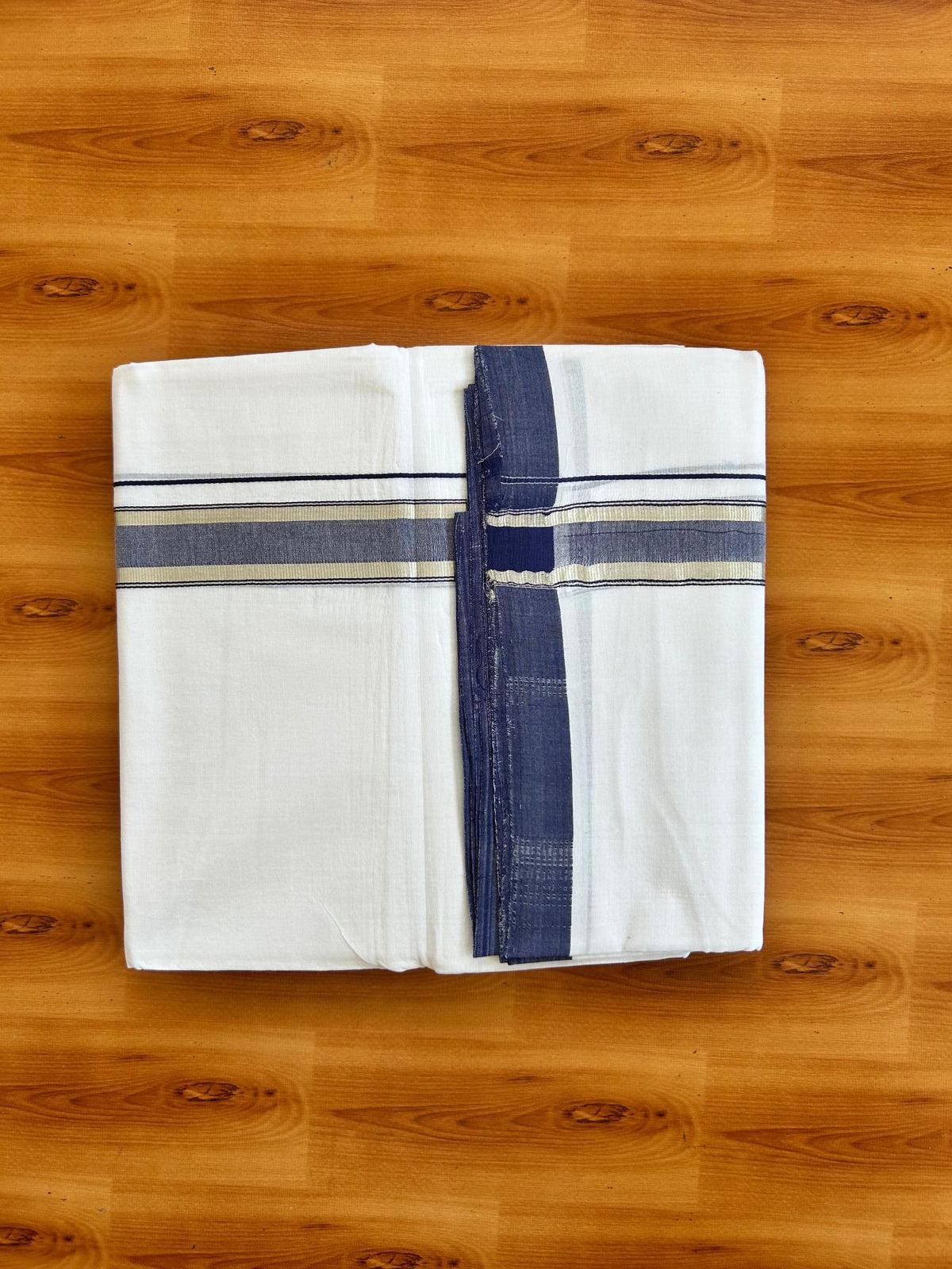 Double Pure White 25% Discount ! KaithariKada Handloom Millpaav - Kerala Handloom - 100% Pure Cotton - 100x90 - 1.5 Inch Silver Kasav & Navy Blue Kara 3.90 mtr (8.36 Muzham) - 14 KK5496 YAR