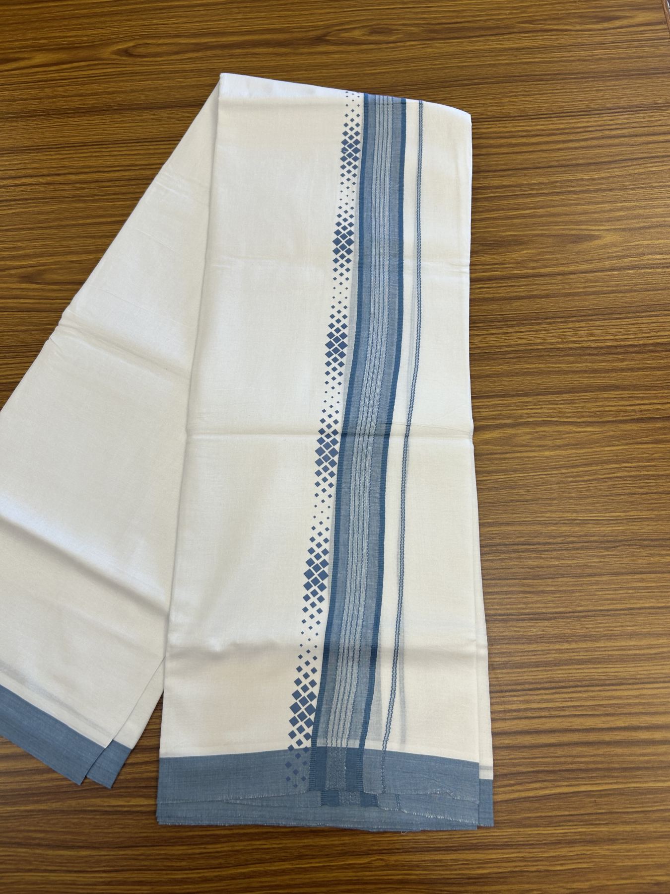 20% Discount ! KaithariKada Balaramapuram Cotton Double Pure white Mundu/Dhoti- 80s - 2.5 inch Ash Blue Printed Shade Stripes Design Kara - 3.65 mtr (8 muzham) - 14 KK5329 GAN