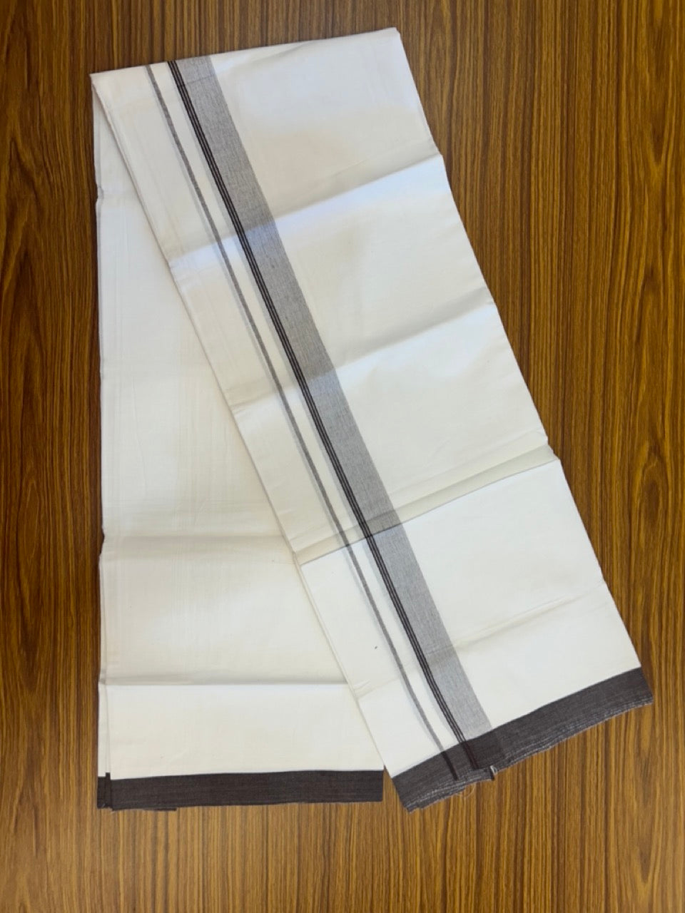 KaithariKada Balaramapuram 100% Cotton Single Pure White Mundu/Dhoti - 100X80 - 1.5 inch Dark Brown Shaded Side Stripes kara 2 mtr (4 muzham) - 14 KK5294 THI