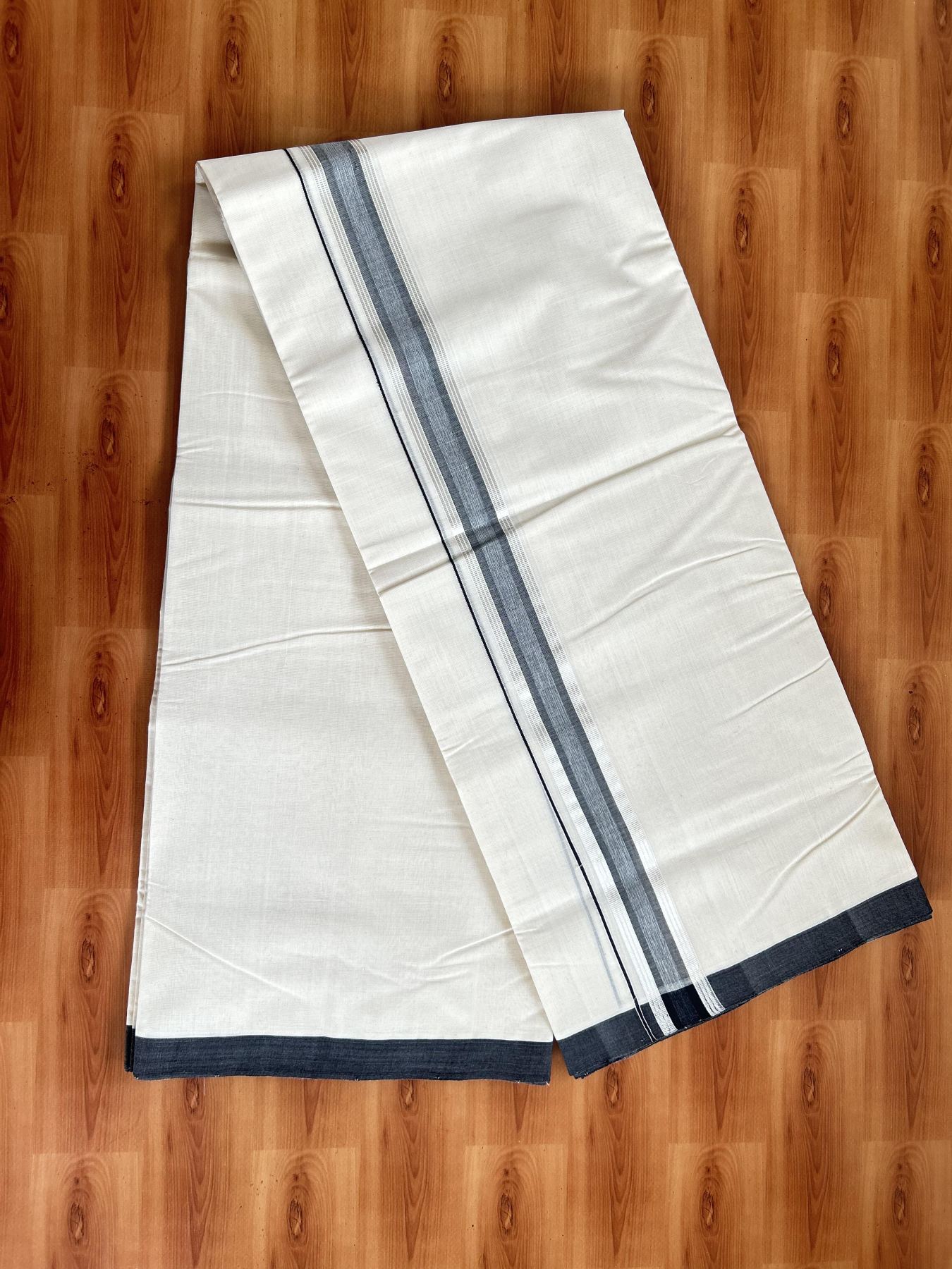 Double Off White (Unbleached) Mundu/Dhoti- 25% Discount! KaithariKada Handloom Millpaav - Kerala Handloom - Cotton - 80x90 - 1.25 inch Silver Kasav & Black Shaded Striped Kara 4.50 meter (10 Muzham) - 23 KK5396 RAM