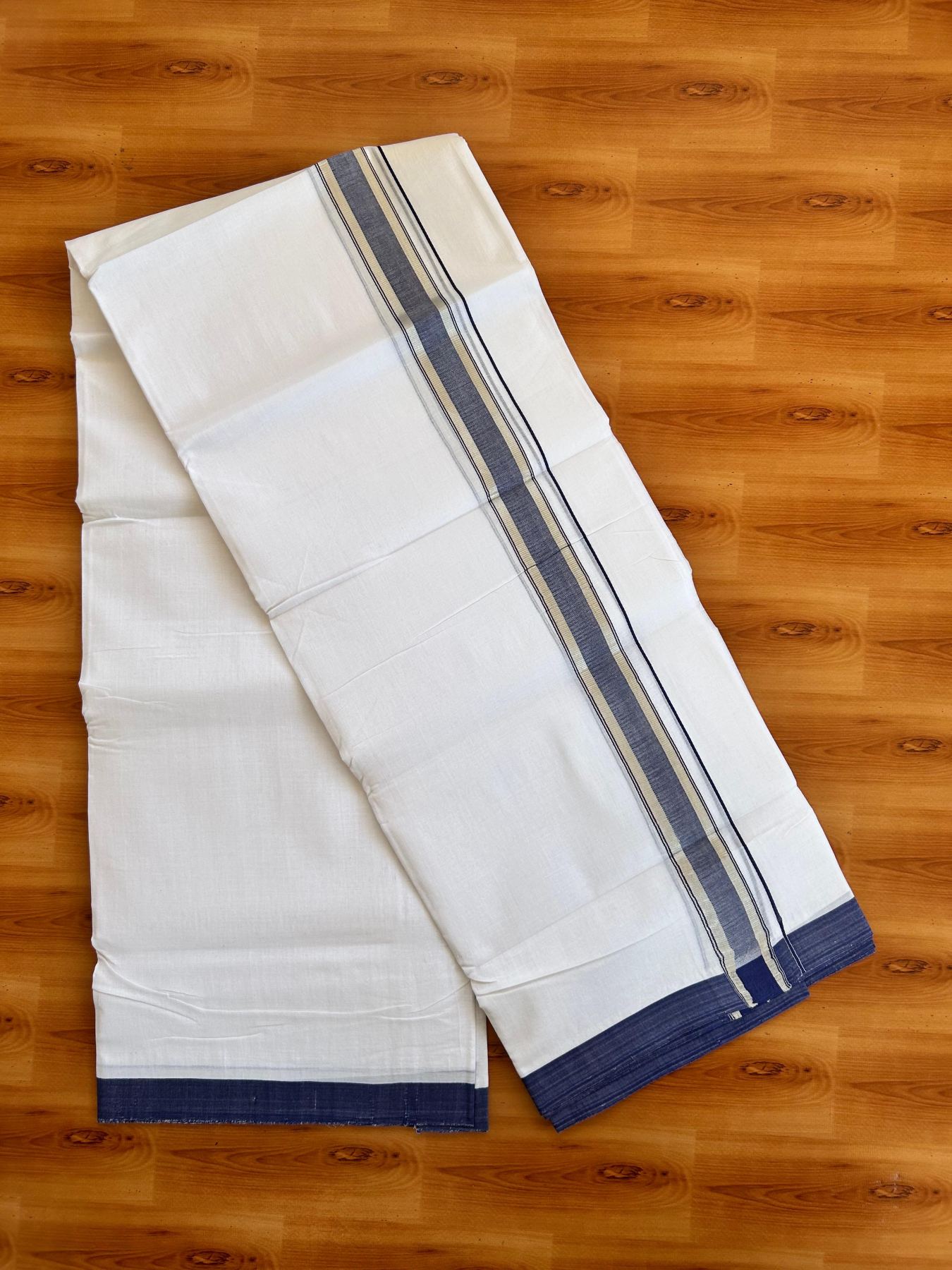 Double Pure White 25% Discount ! KaithariKada Handloom Millpaav - Kerala Handloom - 100% Pure Cotton - 100x90 - 1.5 Inch Silver Kasav & Navy Blue Kara 3.90 mtr (8.36 Muzham) - 14 KK5496 YAR