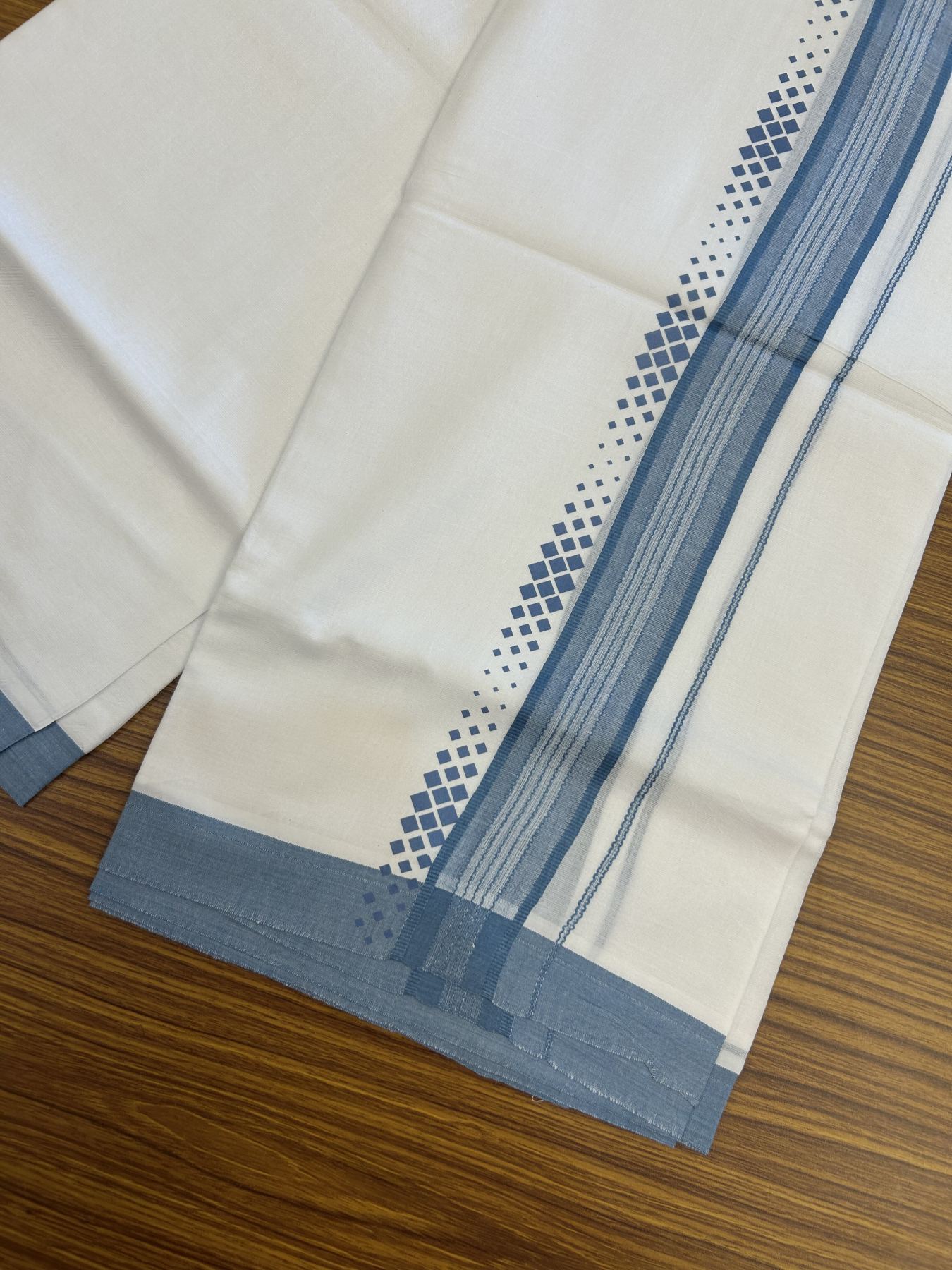 20% Discount ! KaithariKada Balaramapuram Cotton Double Pure white Mundu/Dhoti- 80s - 2.5 inch Ash Blue Printed Shade Stripes Design Kara - 3.65 mtr (8 muzham) - 14 KK5329 GAN