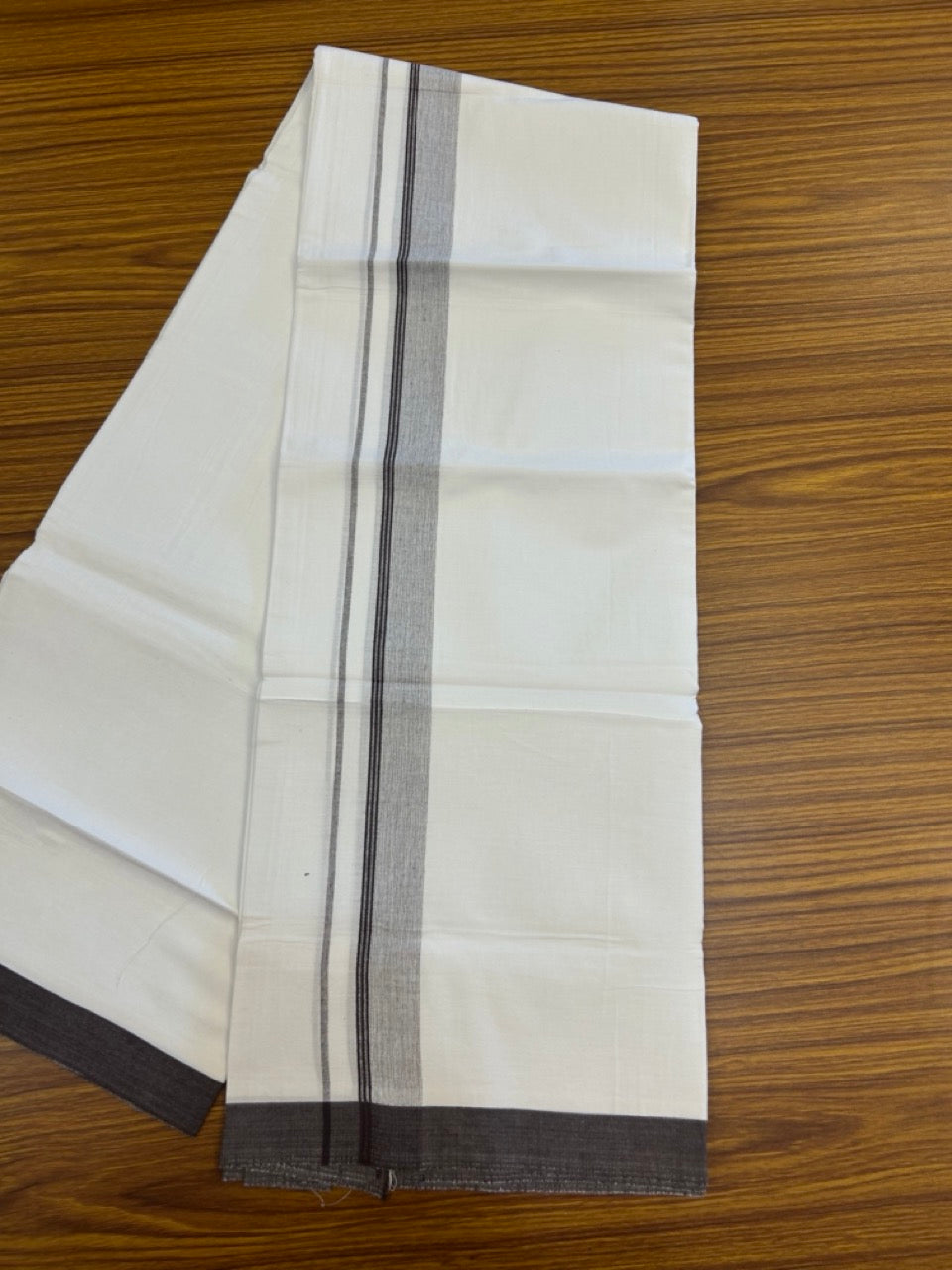 KaithariKada Balaramapuram 100% Cotton Single Pure White Mundu/Dhoti - 100X80 - 1.5 inch Dark Brown Shaded Side Stripes kara 2 mtr (4 muzham) - 14 KK5294 THI