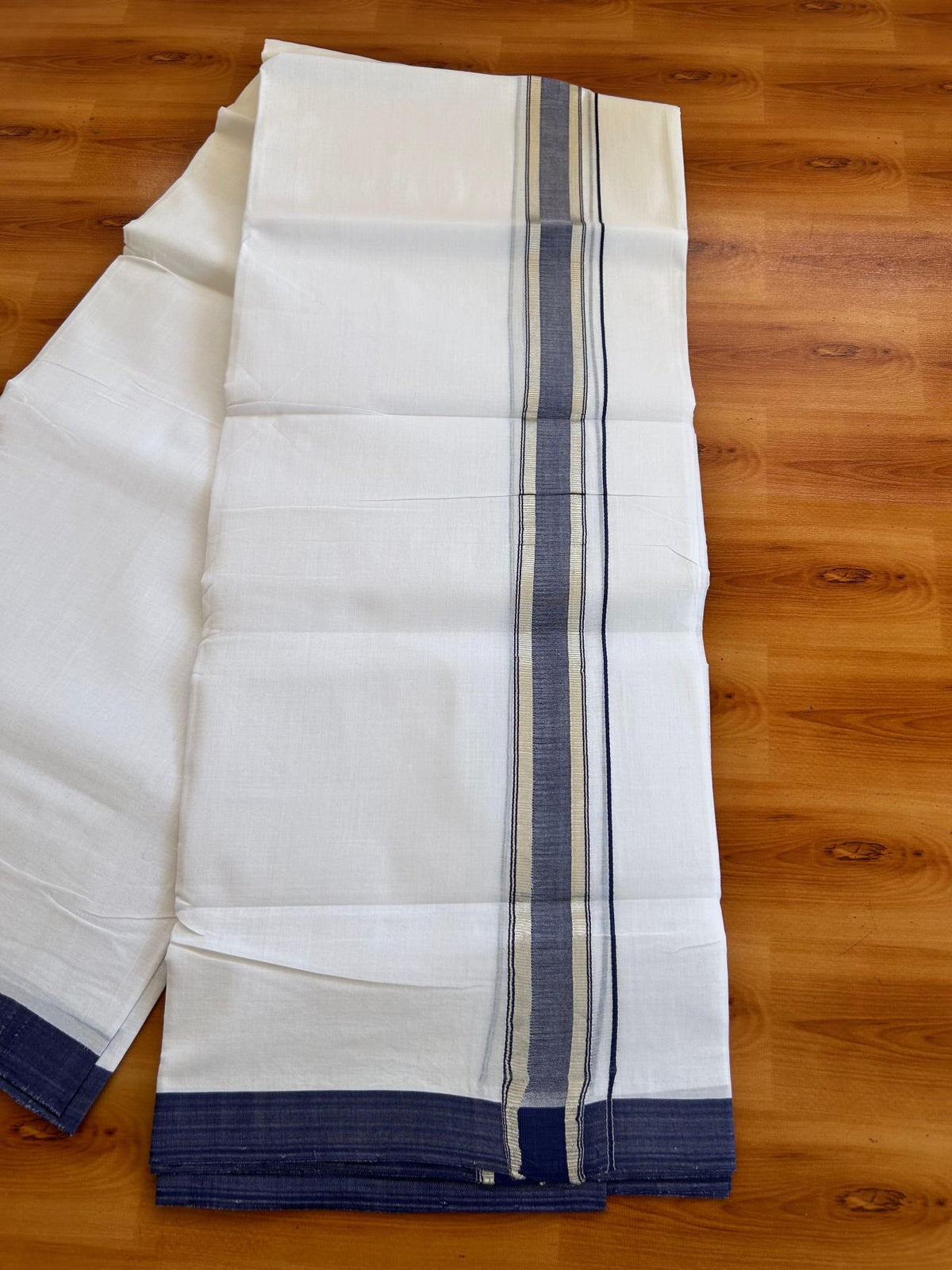 Double Pure White 25% Discount ! KaithariKada Handloom Millpaav - Kerala Handloom - 100% Pure Cotton - 100x90 - 1.5 Inch Silver Kasav & Navy Blue Kara 3.90 mtr (8.36 Muzham) - 14 KK5496 YAR