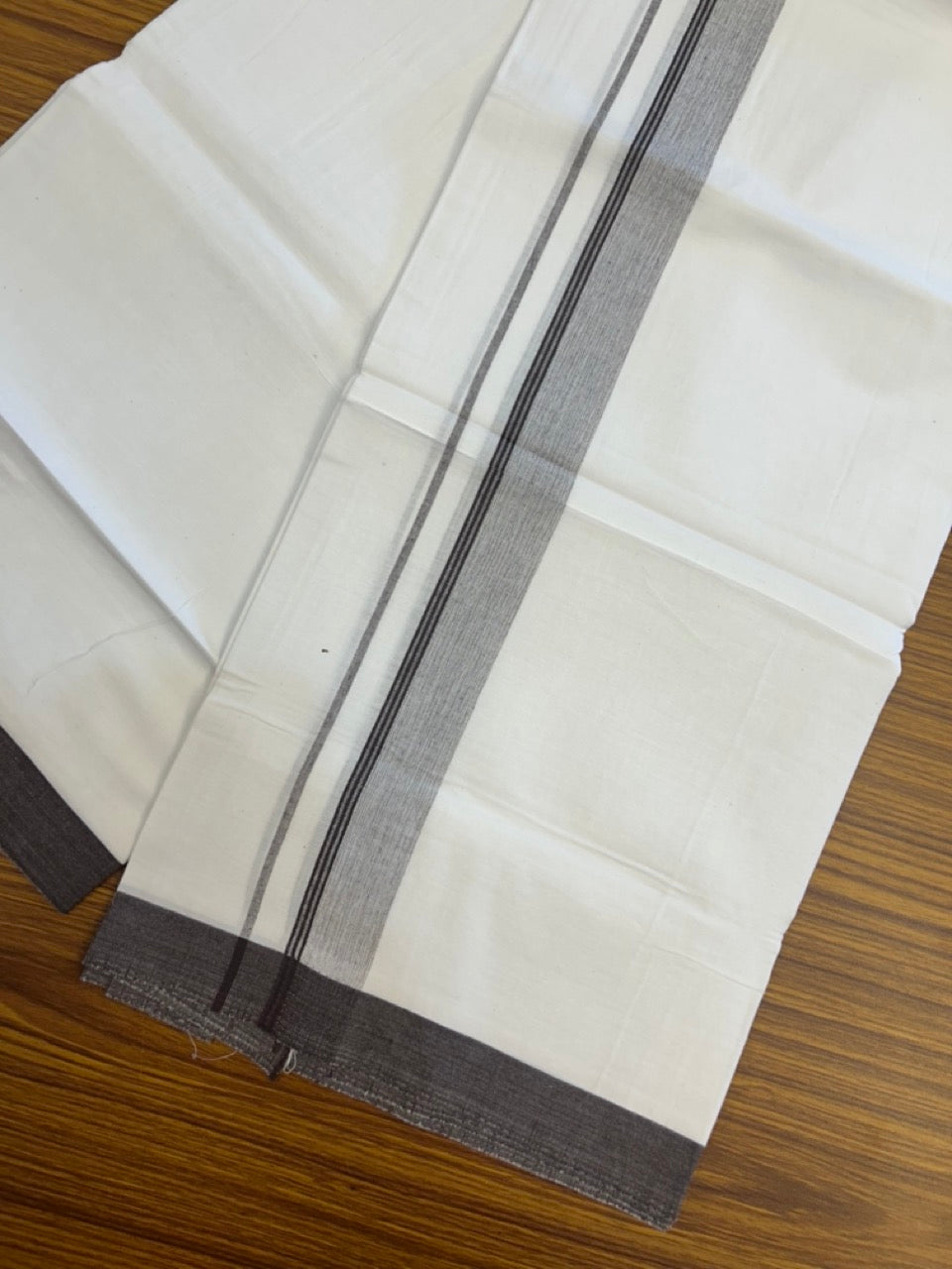 KaithariKada Balaramapuram 100% Cotton Single Pure White Mundu/Dhoti - 100X80 - 1.5 inch Dark Brown Shaded Side Stripes kara 2 mtr (4 muzham) - 14 KK5294 THI