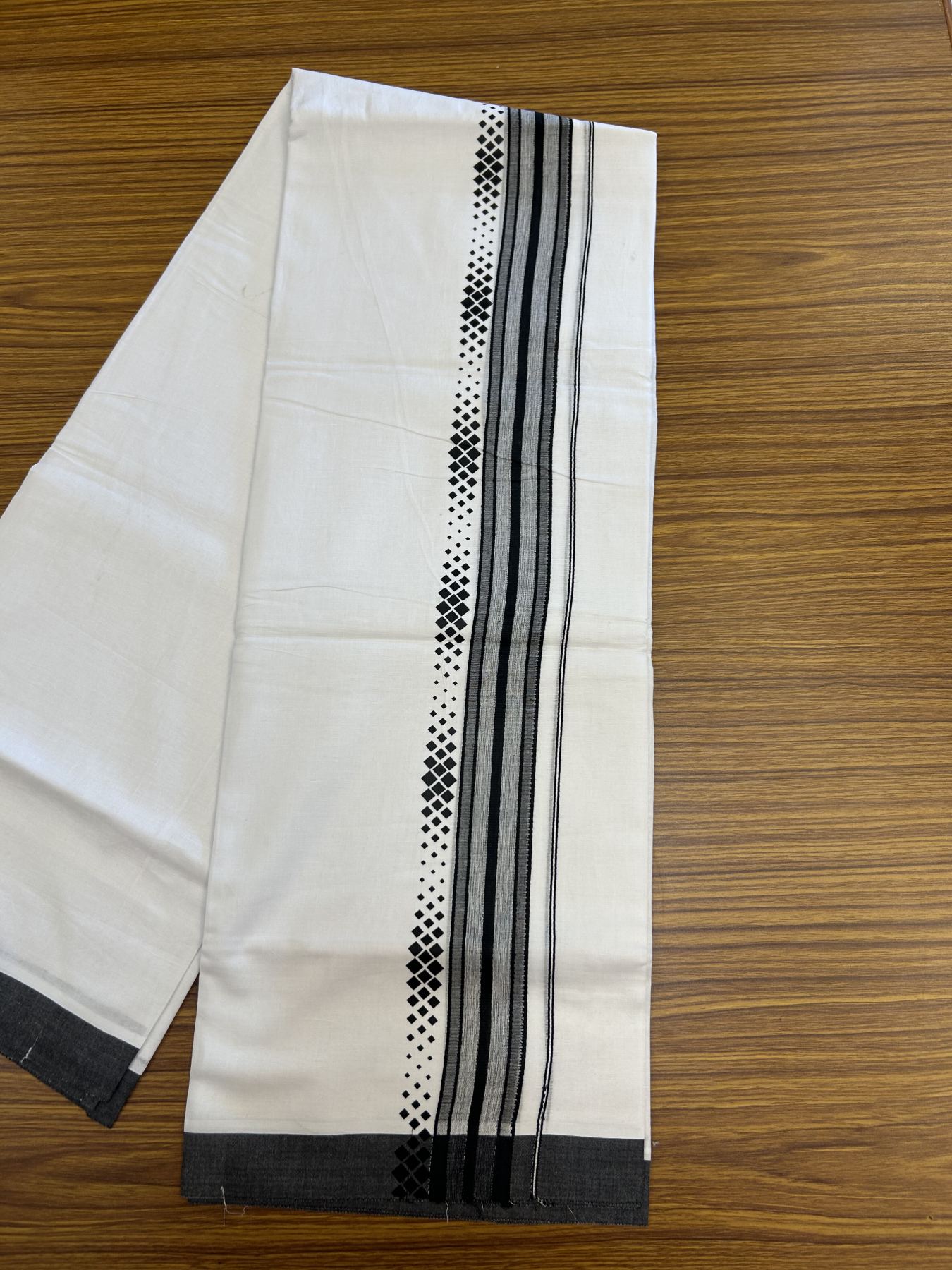 20% Discount ! KaithariKada Balaramapuram Cotton Double Pure white Mundu/Dhoti- 80s - 2.5 inch Black Printed Shade Stripes Design Kara - 3.65 mtr (8 muzham) - 23 KK5329 GAN