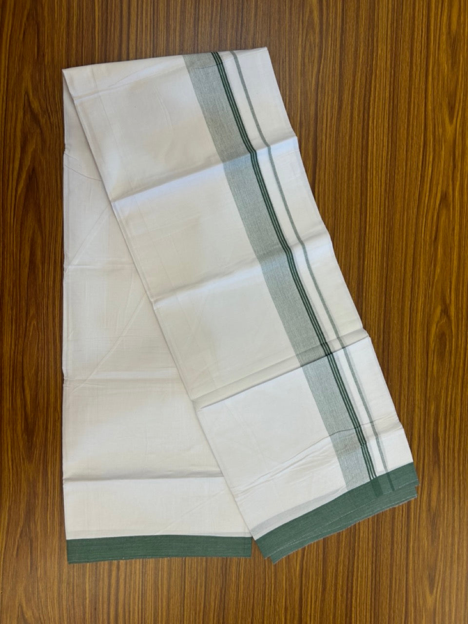 KaithariKada Balaramapuram 100% Cotton Single Pure White Mundu/Dhoti - 100X80 - 1.5 inch Green Shaded Side Stripes kara 2 mtr (4 muzham) - 13 KK5294 THI