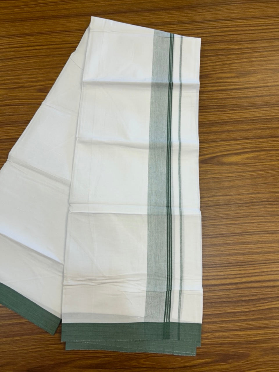 KaithariKada Balaramapuram 100% Cotton Single Pure White Mundu/Dhoti - 100X80 - 1.5 inch Green Shaded Side Stripes kara 2 mtr (4 muzham) - 13 KK5294 THI