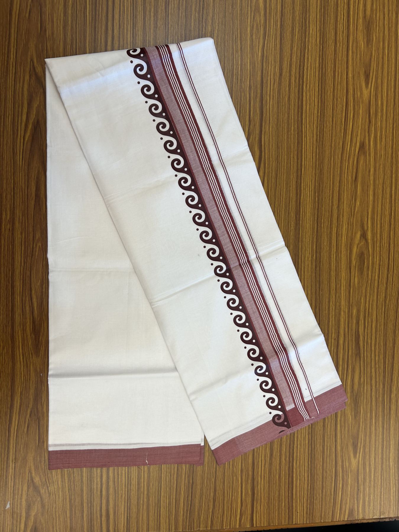 20% Discount ! KaithariKada Balaramapuram Cotton Double Pure white Mundu/Dhoti- 60s - 2.5 inch Maroon Printed Shade Stripes Design Kara - 3.65 mtr (8 muzham) - 36 KK5329 GAN