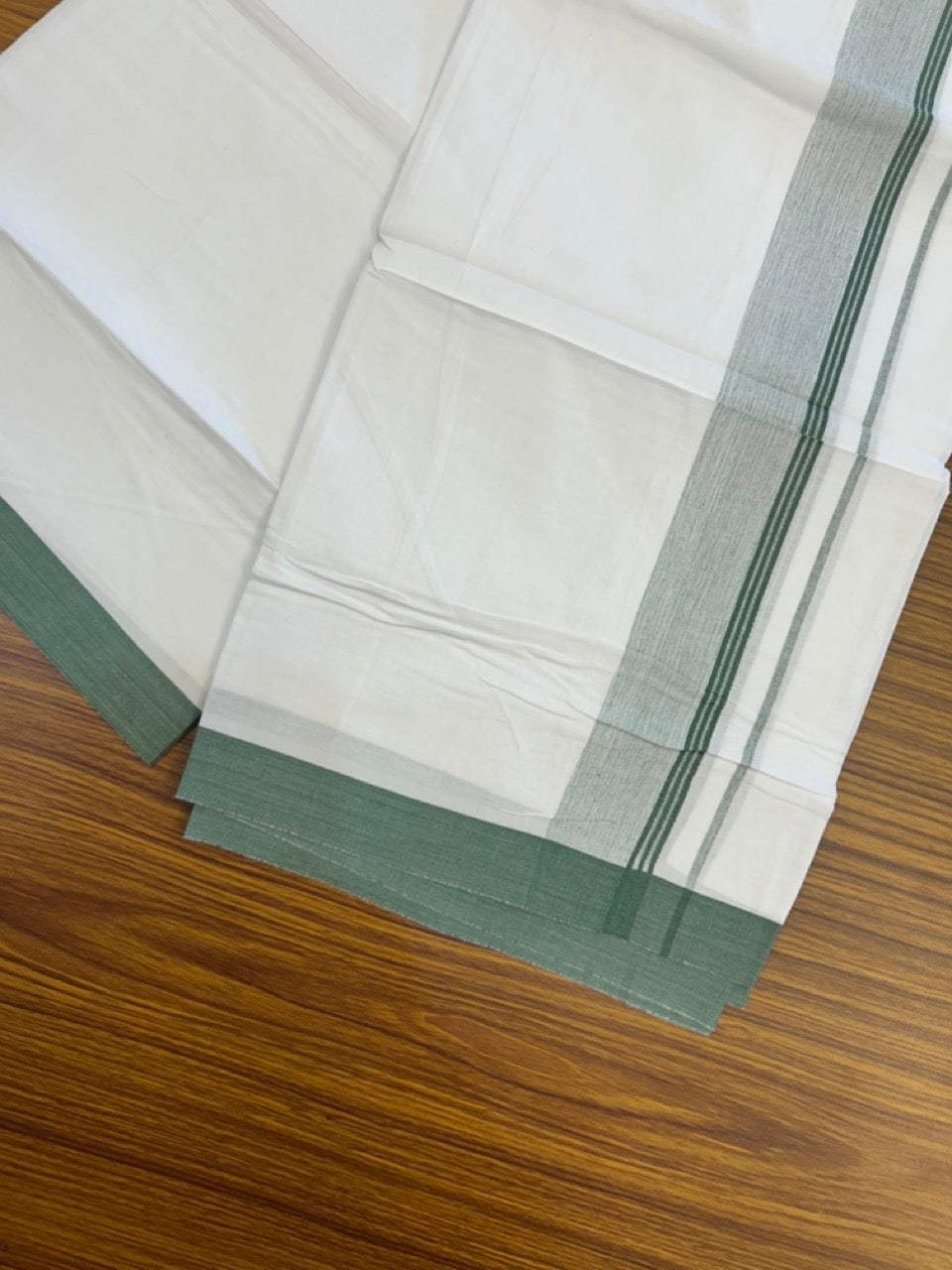 KaithariKada Balaramapuram 100% Cotton Single Pure White Mundu/Dhoti - 100X80 - 1.5 inch Green Shaded Side Stripes kara 2 mtr (4 muzham) - 13 KK5294 THI