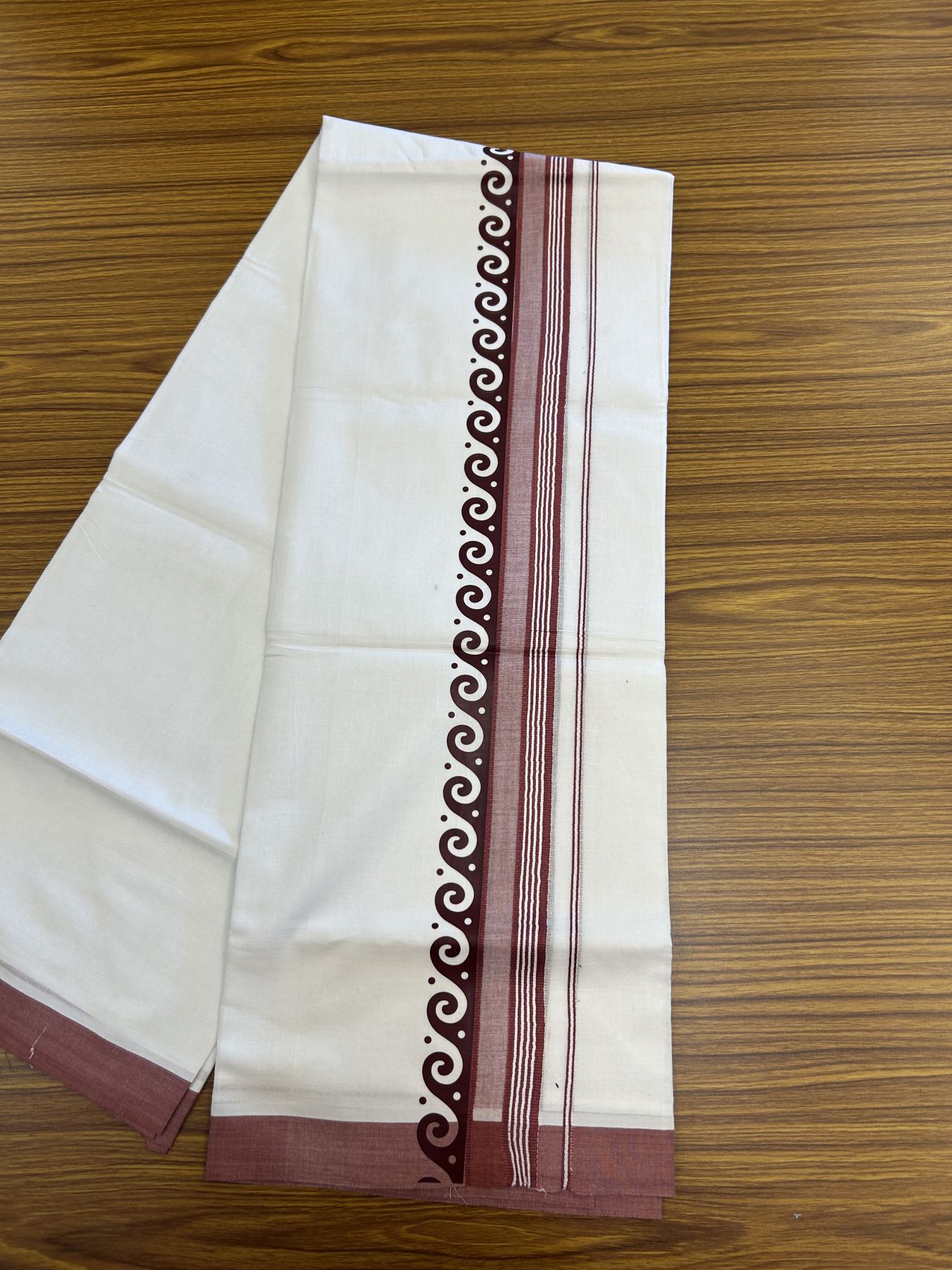 20% Discount ! KaithariKada Balaramapuram Cotton Double Pure white Mundu/Dhoti- 60s - 2.5 inch Maroon Printed Shade Stripes Design Kara - 3.65 mtr (8 muzham) - 36 KK5329 GAN