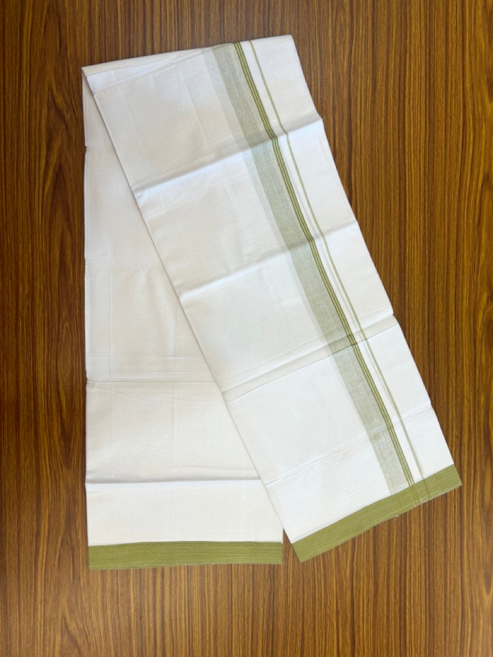 KaithariKada Balaramapuram 100% Cotton Single Pure White Mundu/Dhoti - 100X80 - 1.5 inch Mustard Green Shaded Side Stripes kara 2 mtr (4 muzham) - 15 KK5294 THI