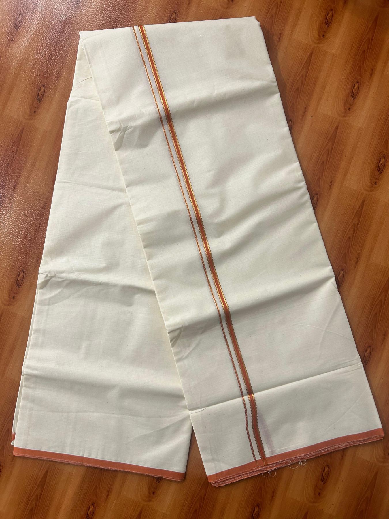 Double Off white (Unbleached) Mundu/Dhoti - 20% Discount! KaithariKada Pure Cotton  (80s) - 1 cm Gold Kasav Burnt Orange Kara 4 mtr (8.5 muzham) - 8 KK5479 GAN