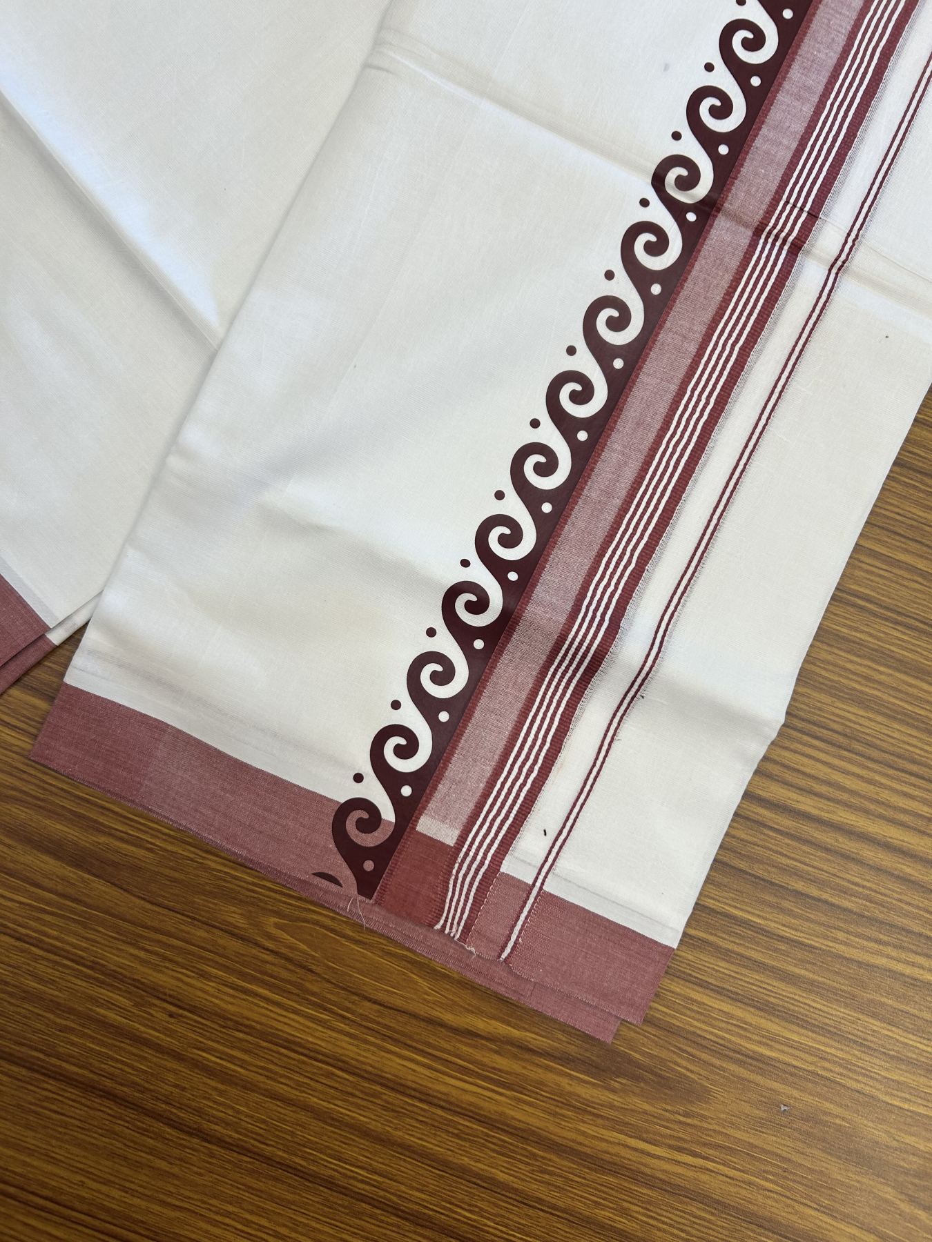 20% Discount ! KaithariKada Balaramapuram Cotton Double Pure white Mundu/Dhoti- 60s - 2.5 inch Maroon Printed Shade Stripes Design Kara - 3.65 mtr (8 muzham) - 36 KK5329 GAN