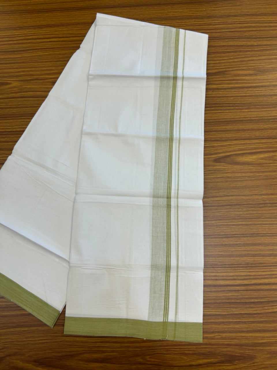 KaithariKada Balaramapuram 100% Cotton Single Pure White Mundu/Dhoti - 100X80 - 1.5 inch Mustard Green Shaded Side Stripes kara 2 mtr (4 muzham) - 15 KK5294 THI