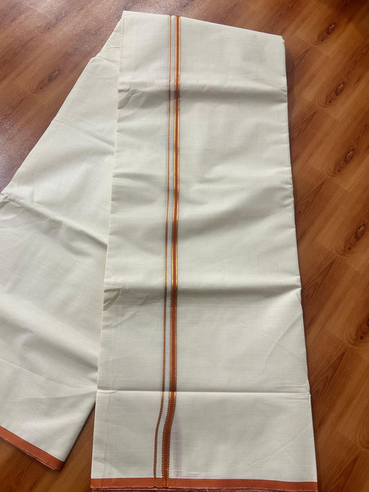 Double Off white (Unbleached) Mundu/Dhoti - 20% Discount! KaithariKada Pure Cotton  (80s) - 1 cm Gold Kasav Burnt Orange Kara 4 mtr (8.5 muzham) - 8 KK5479 GAN