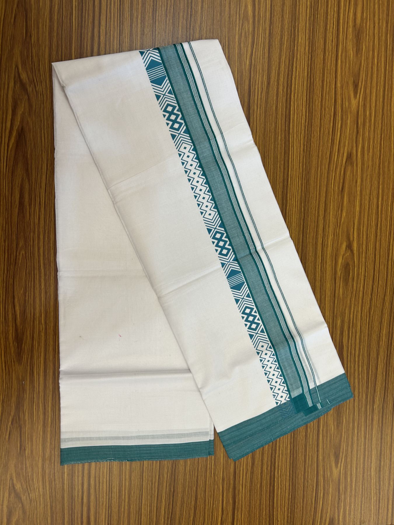 20% Discount ! KaithariKada Balaramapuram Cotton Double Pure white Mundu/Dhoti- 80s - 2.5 inch Blue Green Printed Shade Stripes Design Kara - 3.65 mtr (8 muzham) - 48 KK5329 GAN
