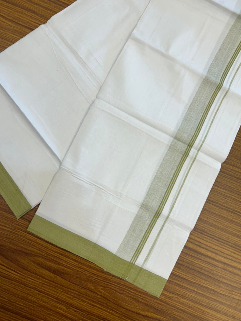 KaithariKada Balaramapuram 100% Cotton Single Pure White Mundu/Dhoti - 100X80 - 1.5 inch Mustard Green Shaded Side Stripes kara 2 mtr (4 muzham) - 15 KK5294 THI