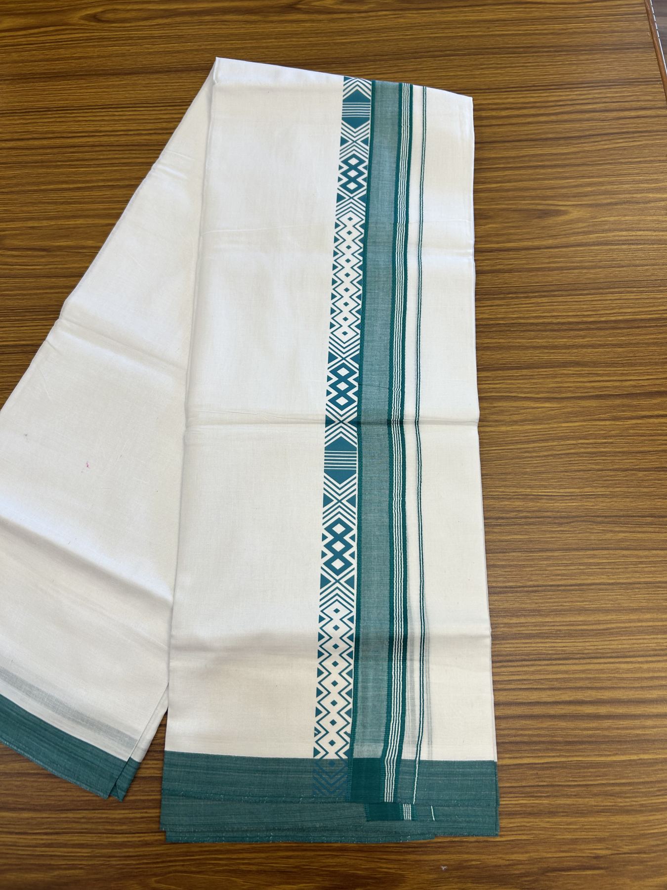 20% Discount ! KaithariKada Balaramapuram Cotton Double Pure white Mundu/Dhoti- 80s - 2.5 inch Blue Green Printed Shade Stripes Design Kara - 3.65 mtr (8 muzham) - 48 KK5329 GAN